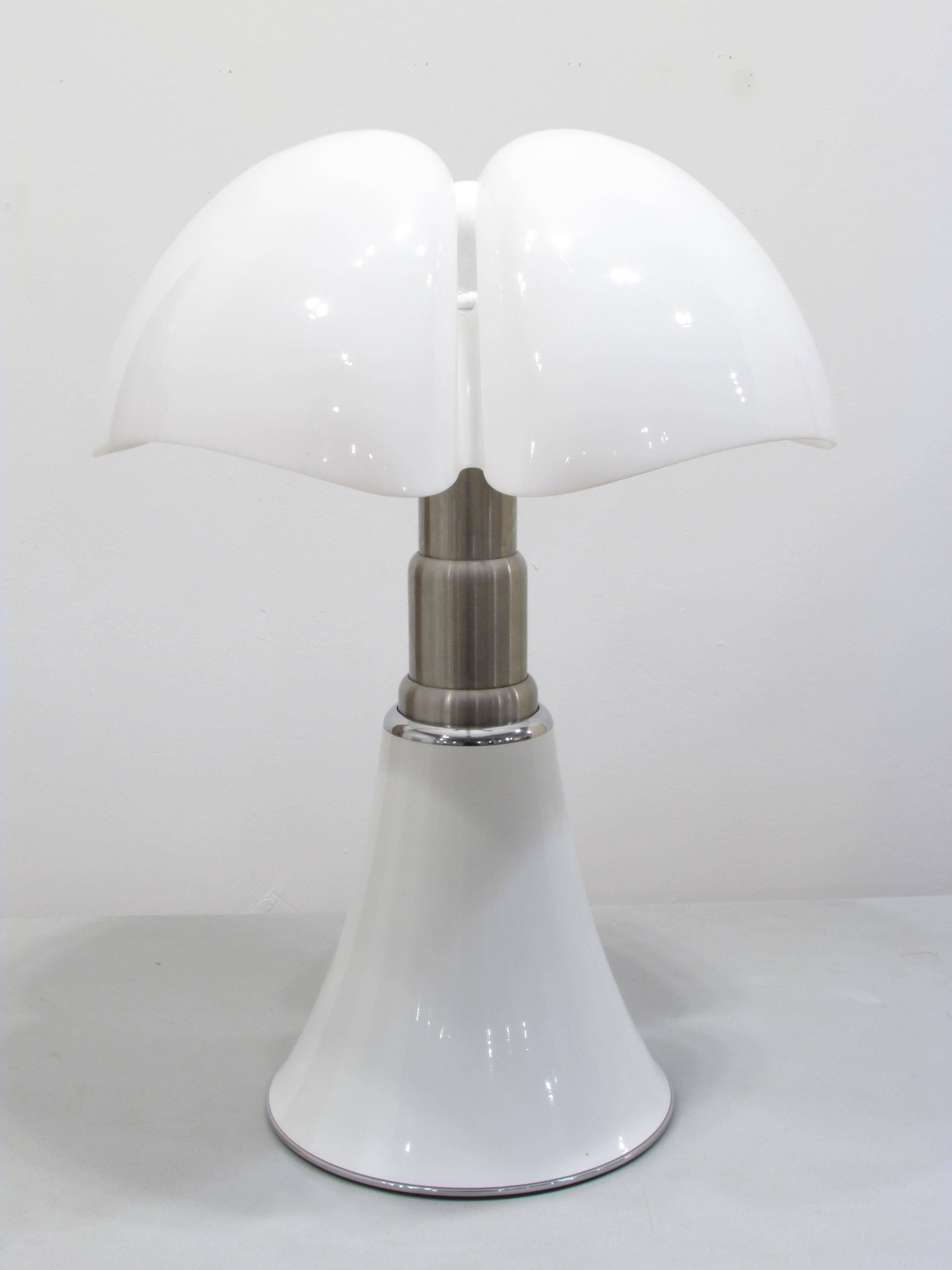 White enameled body lamp with stainless steel telescopic neck and formed plastic shade by Gae Aulenti for Martinelli Luce the 