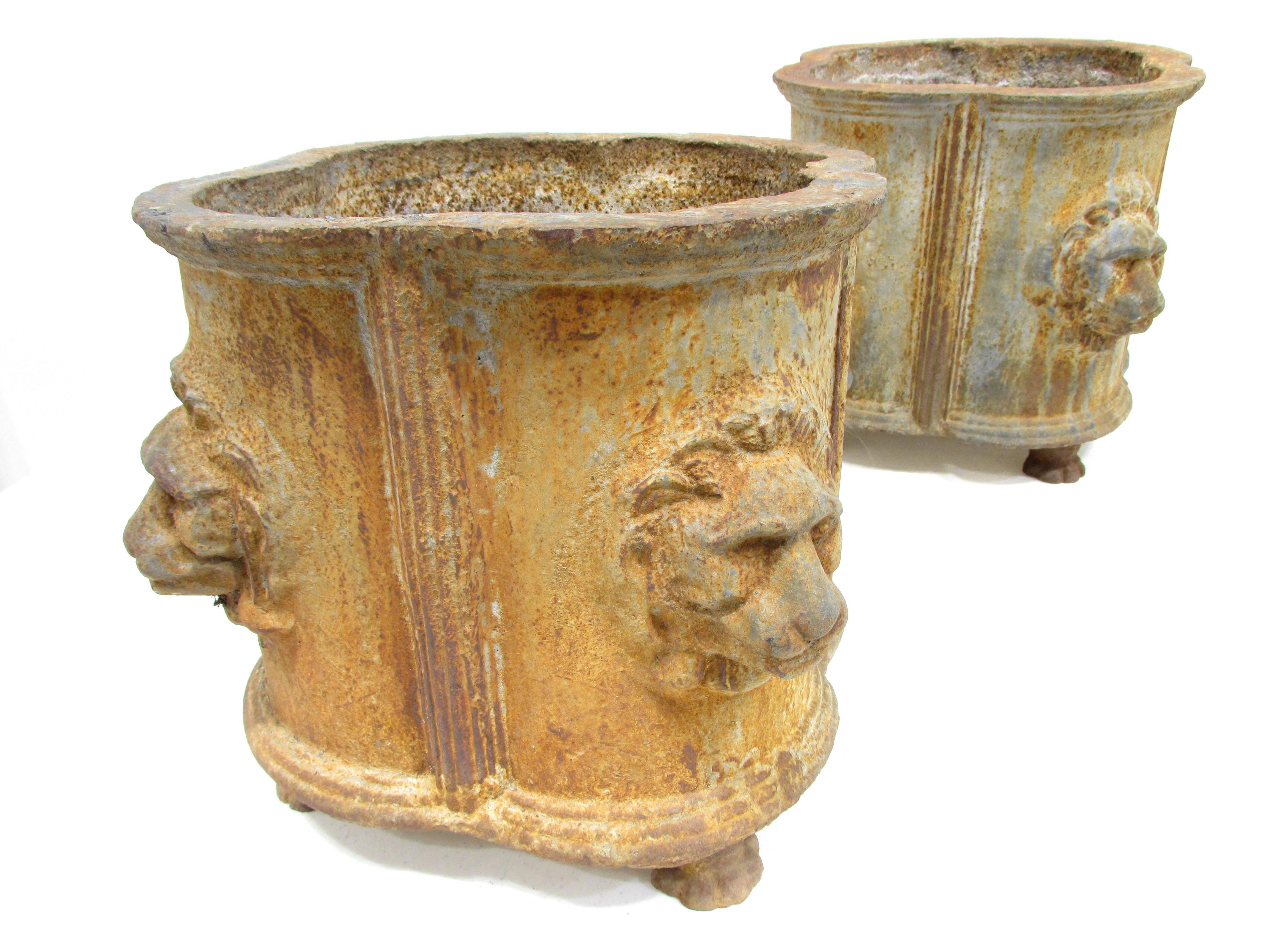 Pair Cast Iron Neoclassical Style Lion Mask Planters In Distressed Condition In High Point, NC