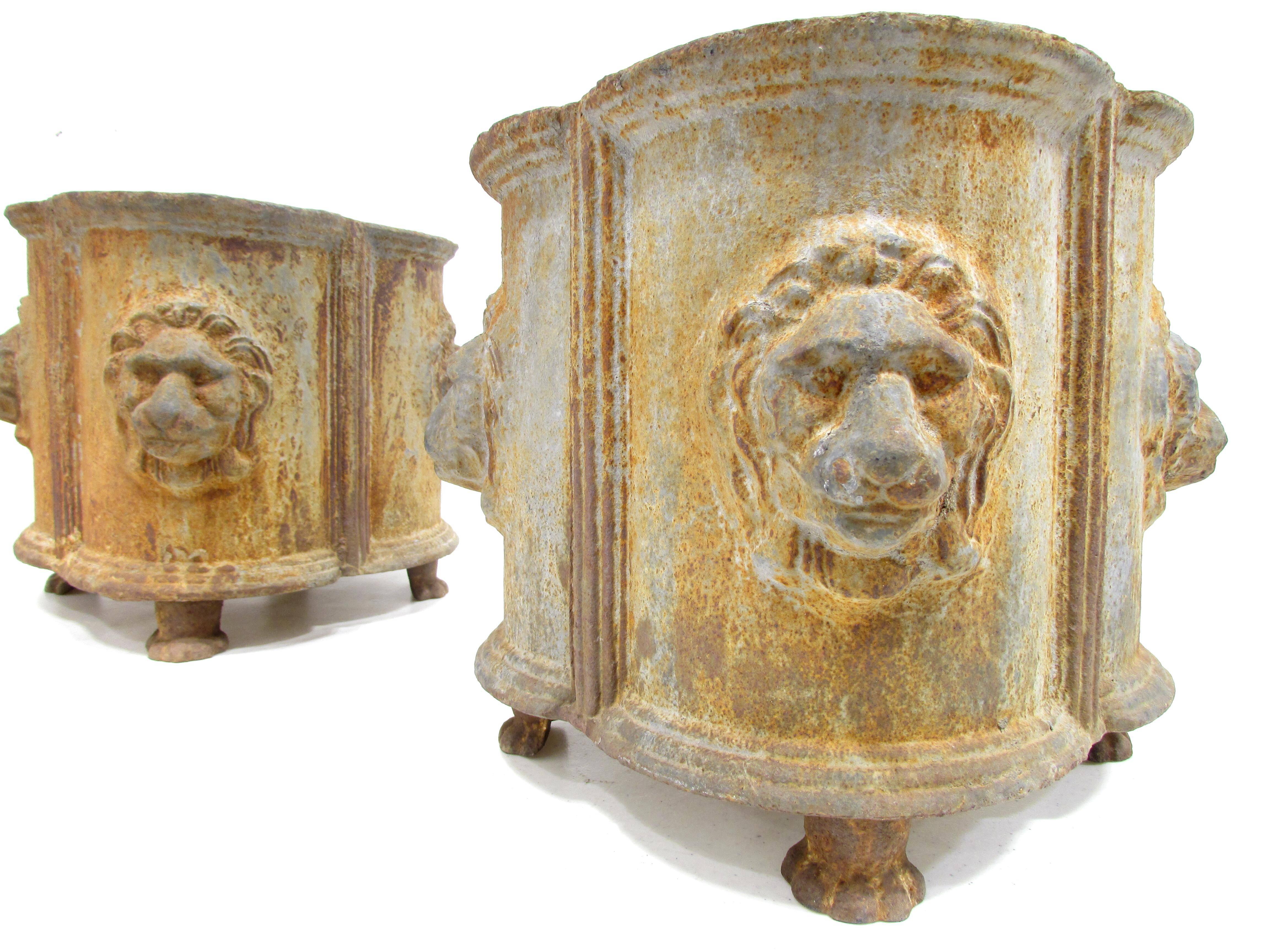 Mid-20th Century Pair Cast Iron Neoclassical Style Lion Mask Planters