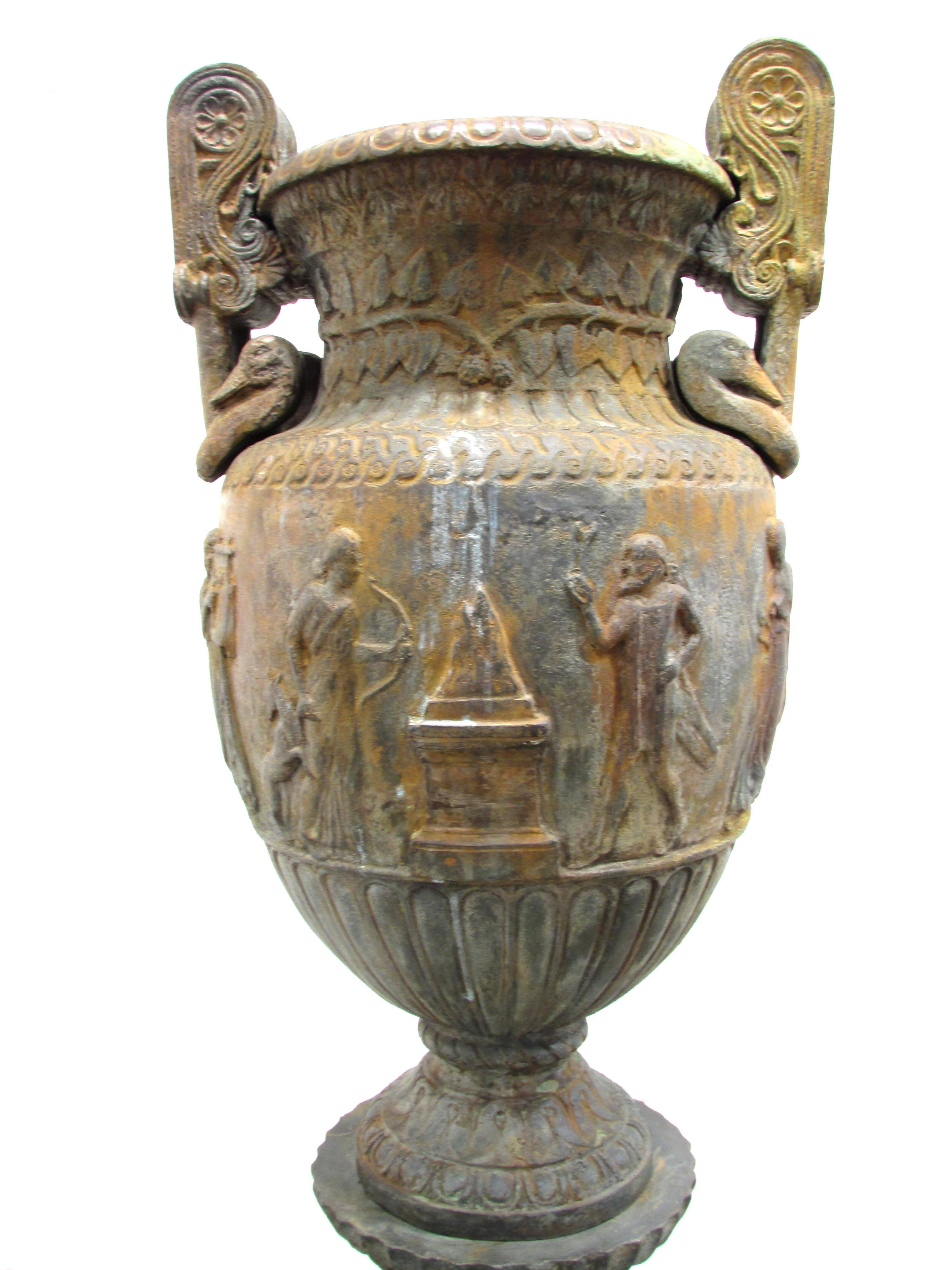 Cast Neoclassical Bronze Urn on Pedestal For Sale