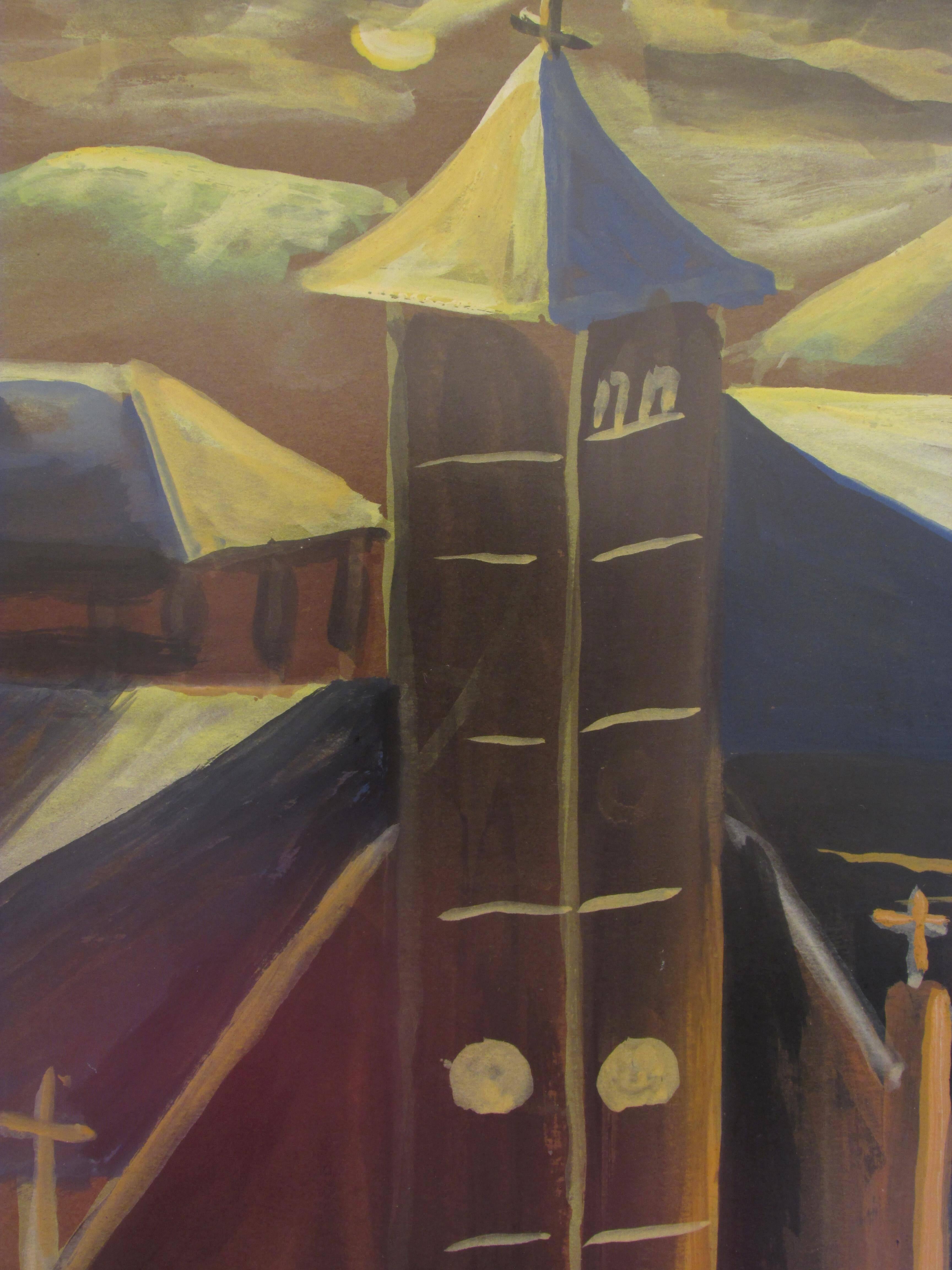 Village Church Painting by Charles Odat In Excellent Condition For Sale In High Point, NC