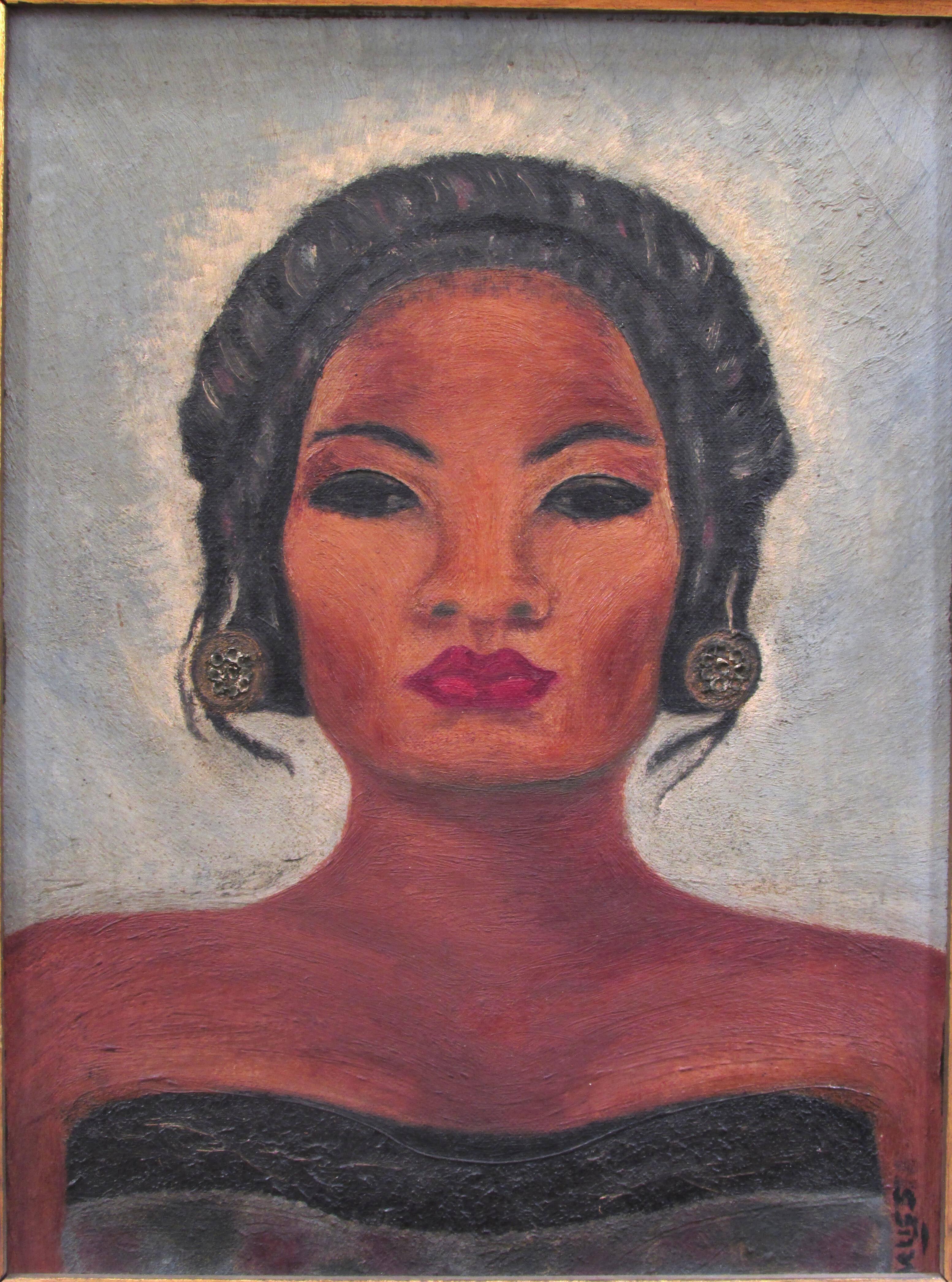 Polynesia exotic portrait dates from 1920s in 1970s black and gilt frame on a measure 9 inch by 12 inch canvas panel illegibly signed lower right.