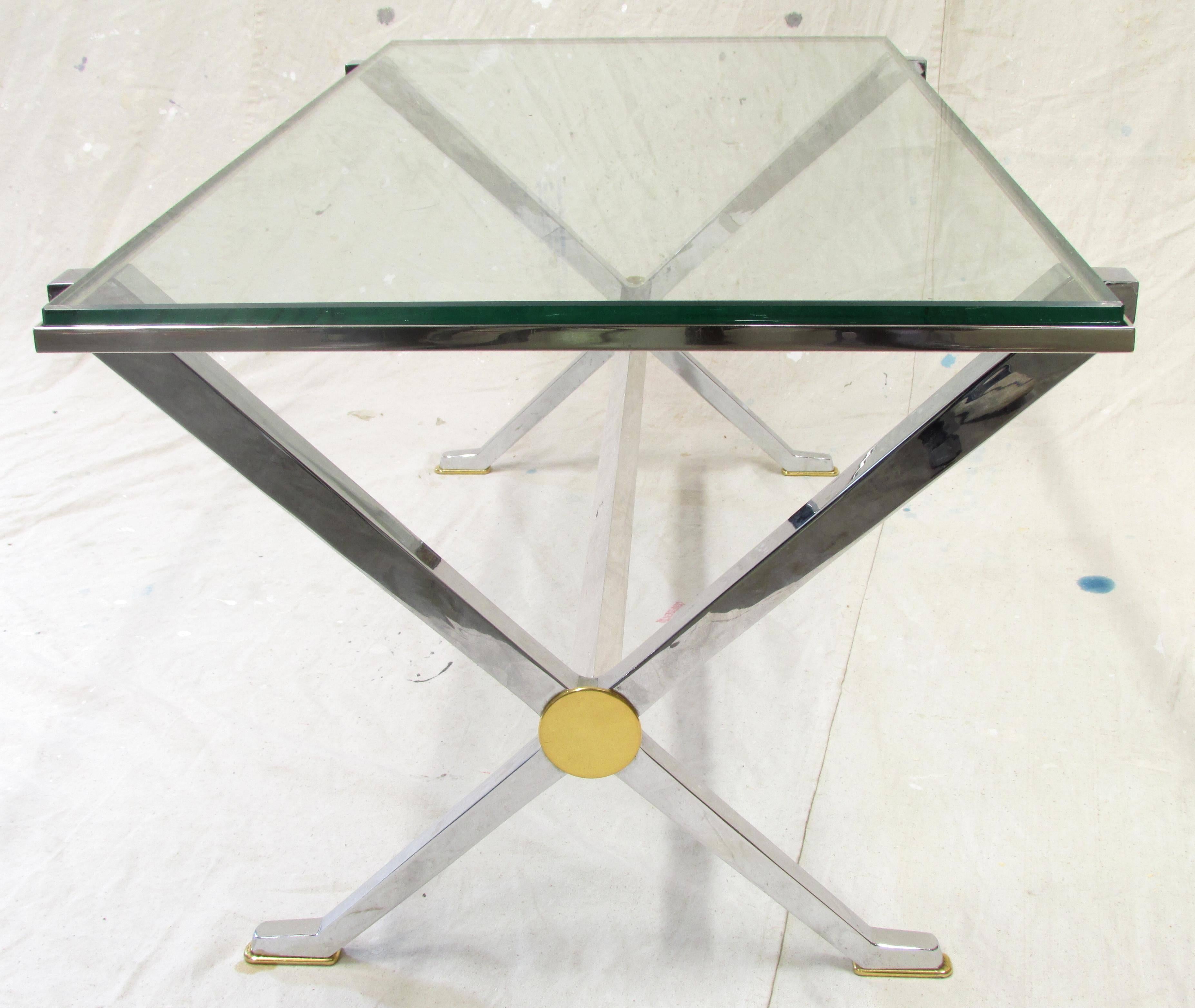 Modern Maison Jansen Chrome and Brass X-Base Coffee Table For Sale