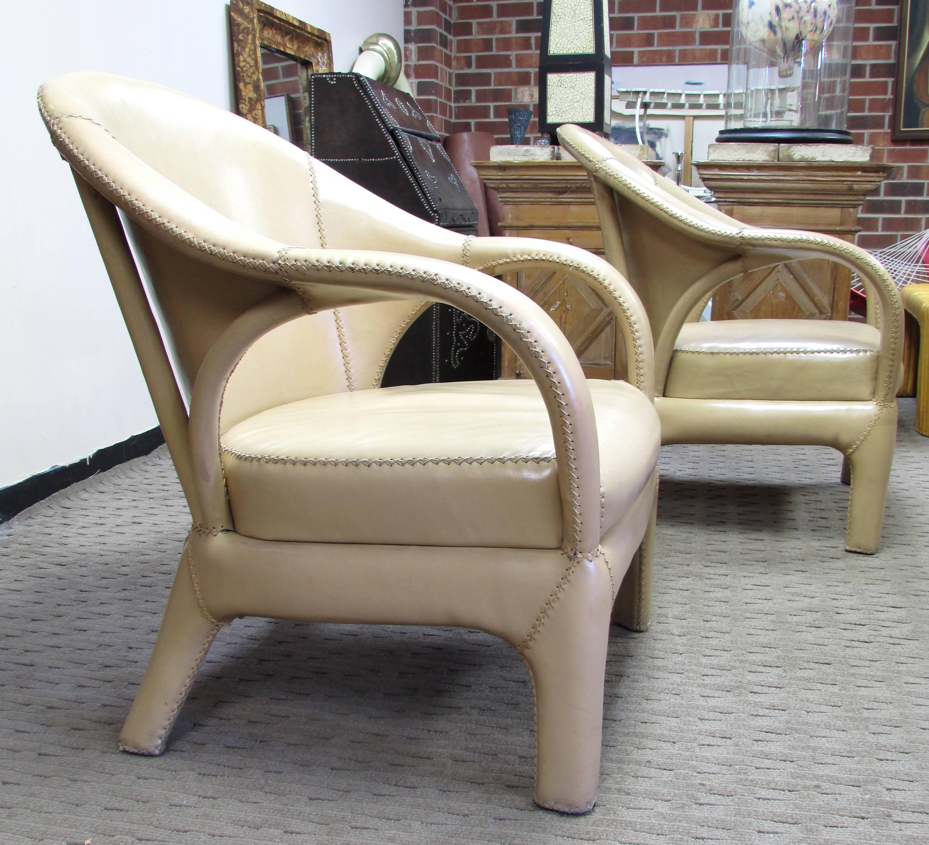International Style French 1970s Hand Stitched Leather Tub Chairs For Sale