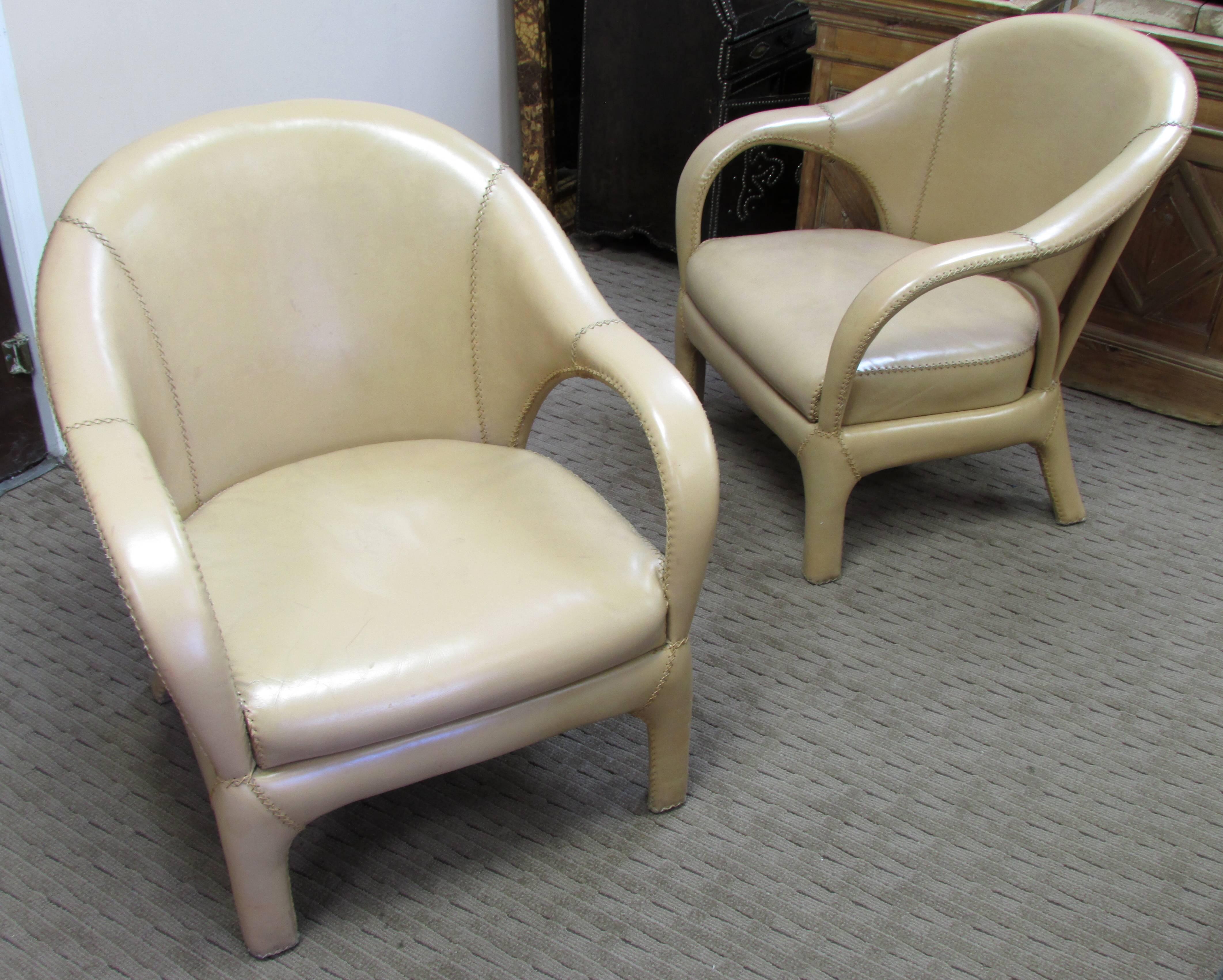 Late 20th Century French 1970s Hand Stitched Leather Tub Chairs For Sale