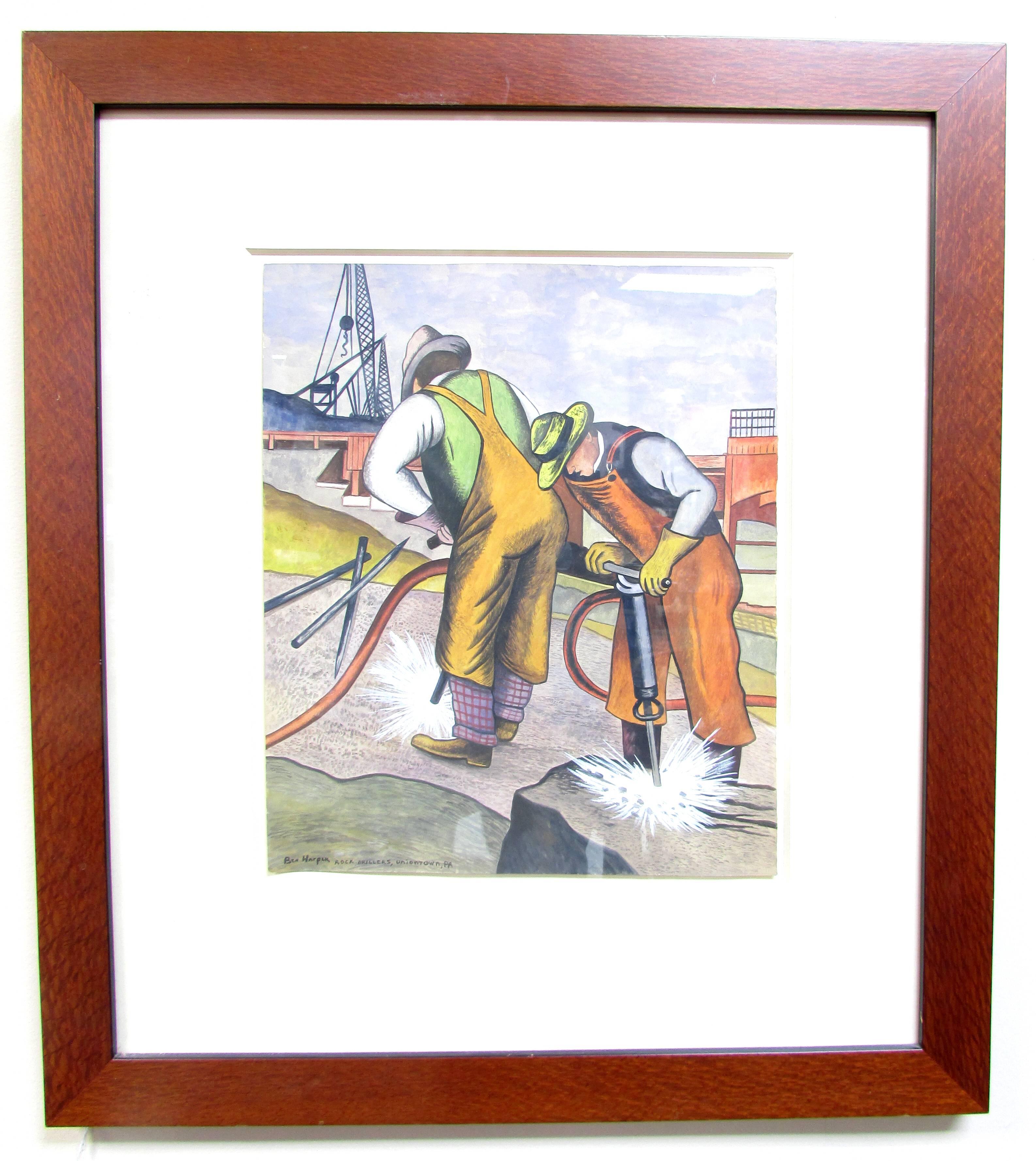 Small framed gouache of workers drilling with industrial background by artist Ben Harper painted in the 1940's WPA era and style more recent framing