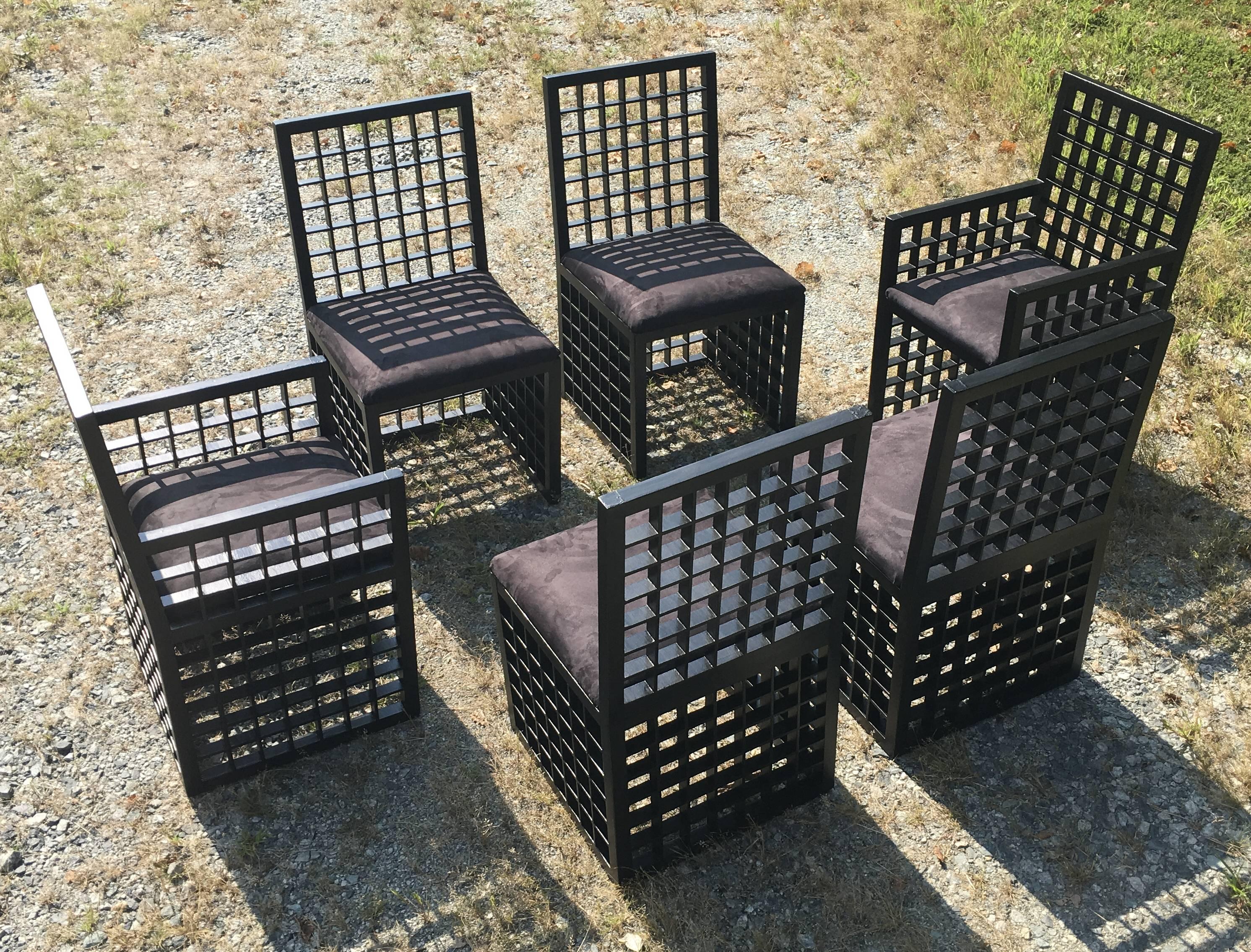 Set of black painted wooden chairs made with 