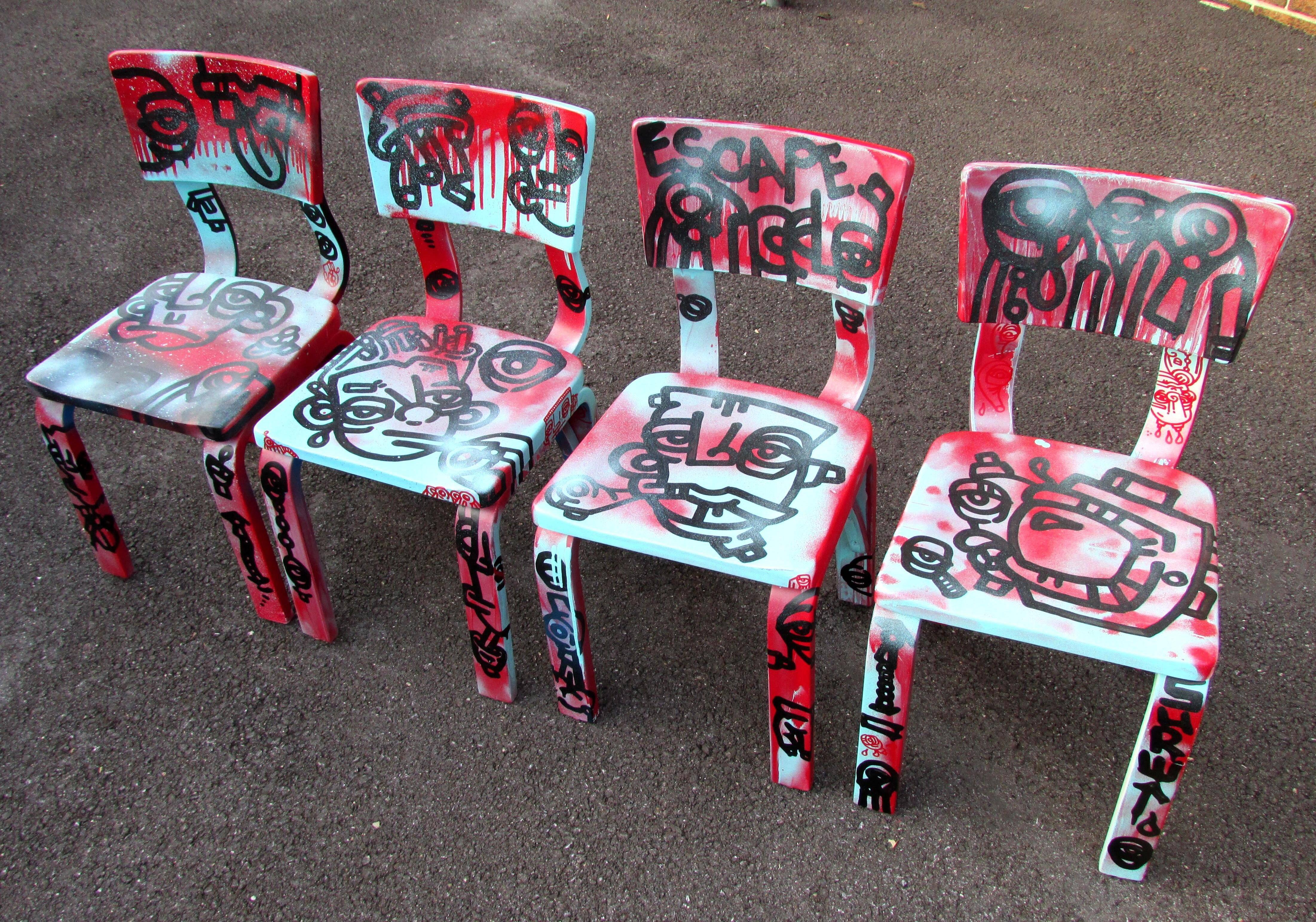 Set of vintage child size chairs by Thonet graffiti painted by Washington DC legendary artist kidboy.