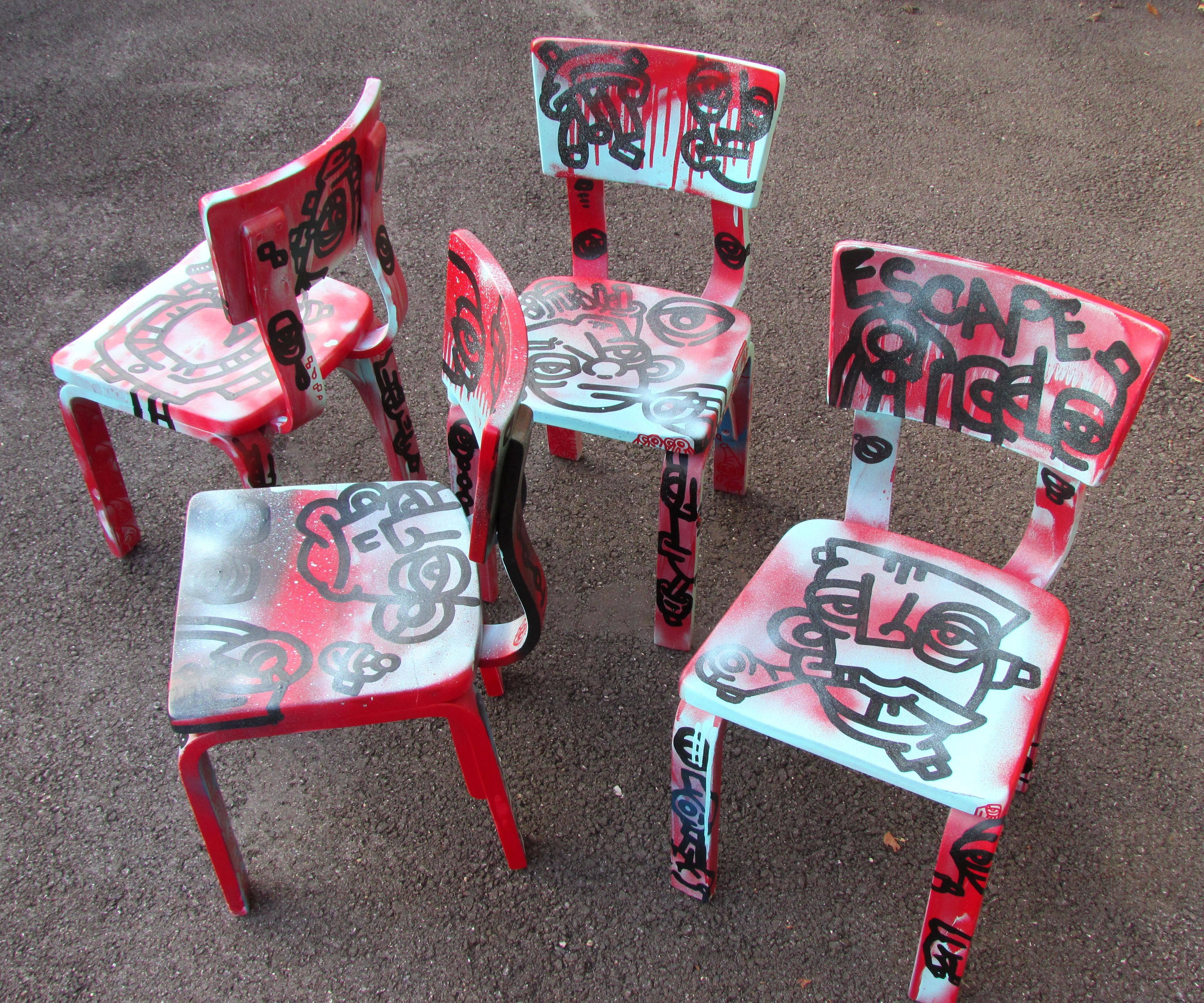 Set of Four Graffiti Painted Children's Thonet Chairs In Excellent Condition For Sale In High Point, NC