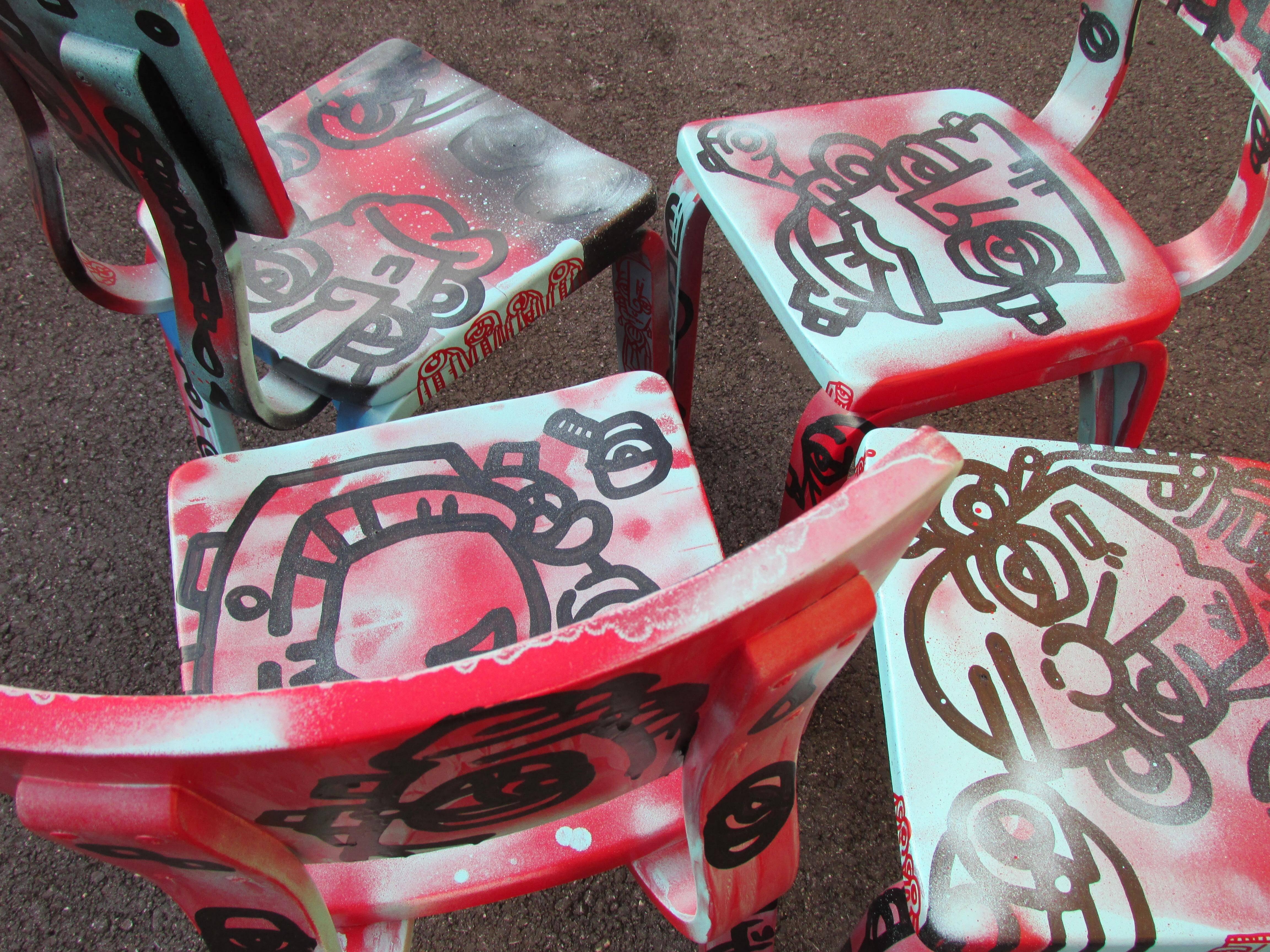 Set of Four Graffiti Painted Children's Thonet Chairs For Sale 1