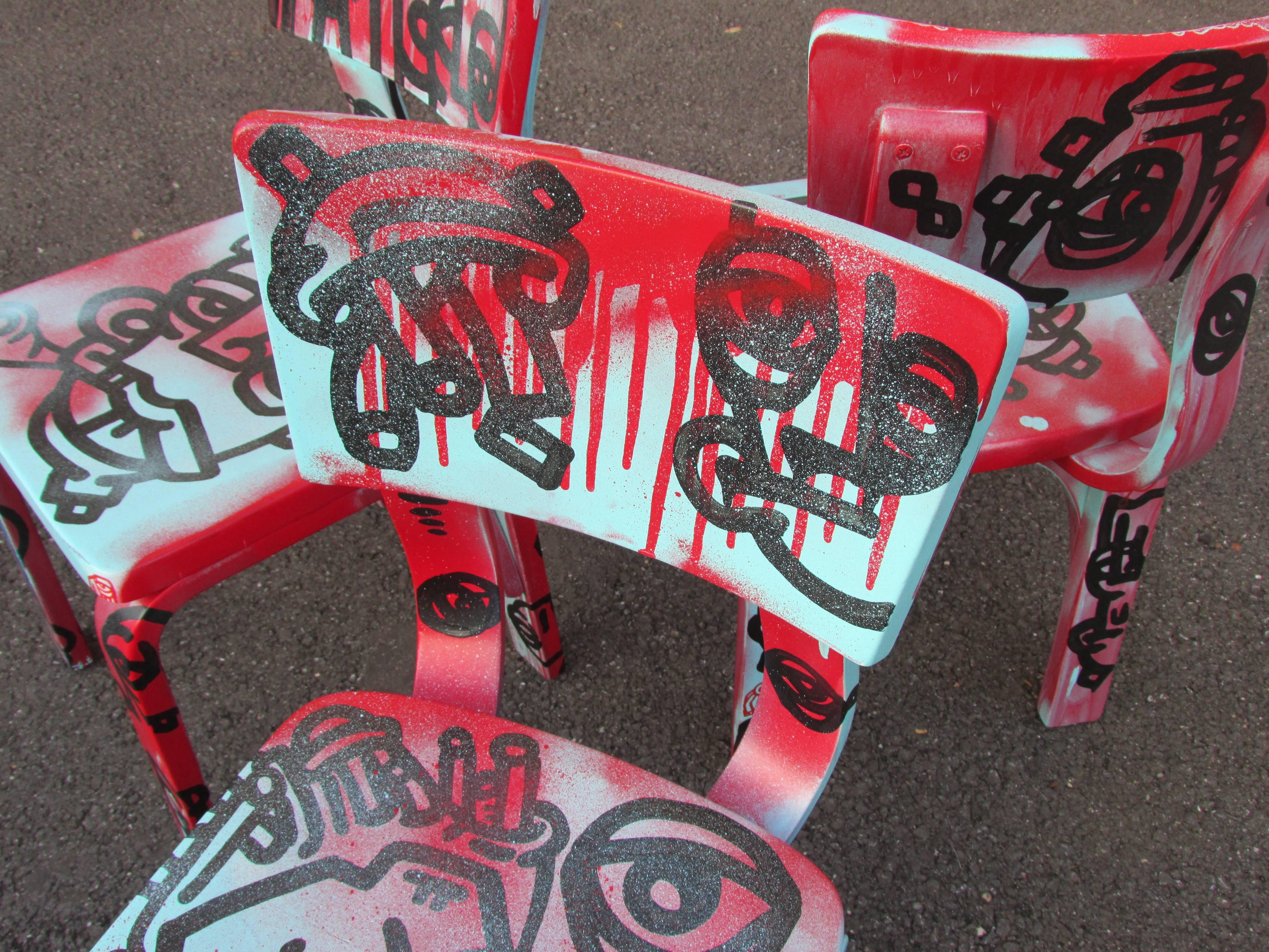 Set of Four Graffiti Painted Children's Thonet Chairs For Sale 3