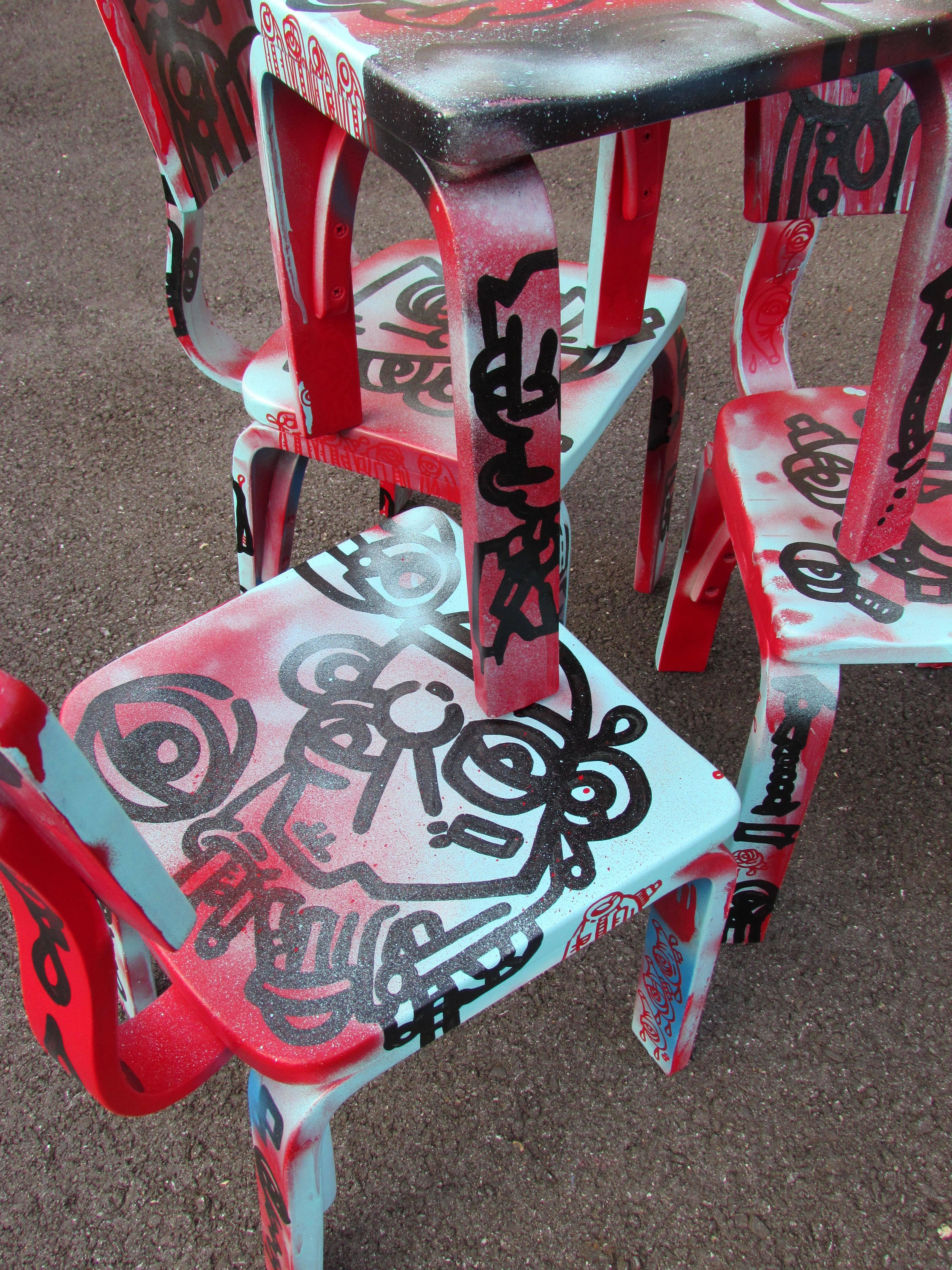 Set of Four Graffiti Painted Children's Thonet Chairs For Sale 2