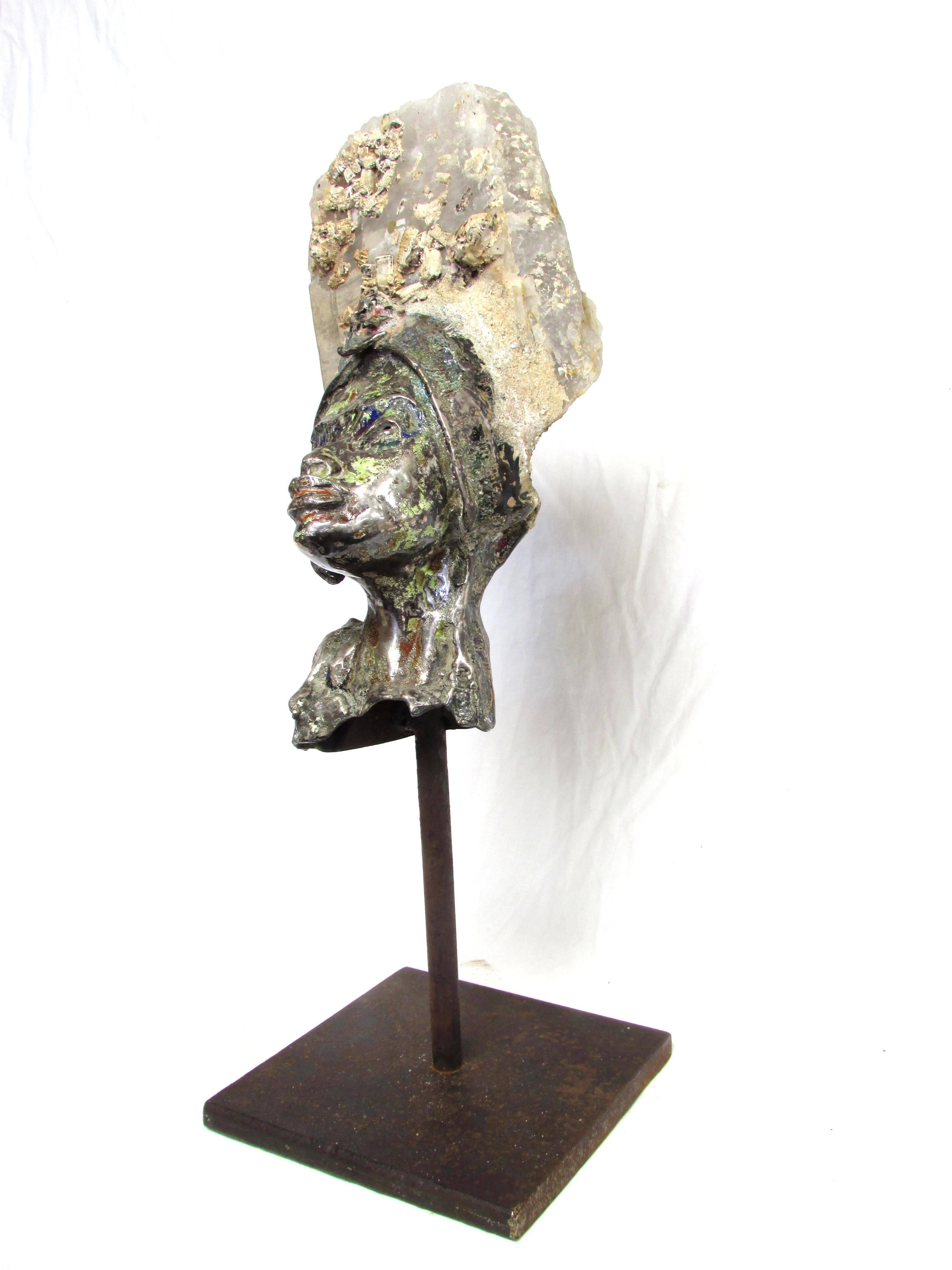 Beautiful Goddess with natural quartz headdress attached to silver head on a custom iron base by Aurelio Teno a Spanish sculptor.