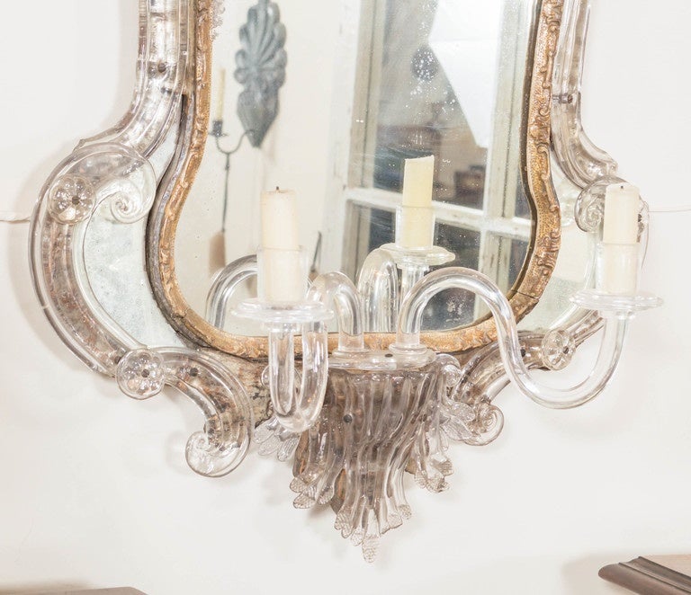Extraordinary 18th Century Venetian Glass Mirror with Blown Glass Sconce