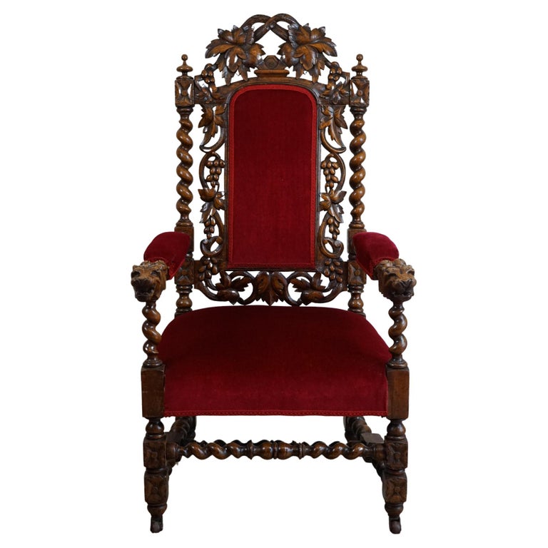 Victorian Jacobean Revival Carved Ornate Throne Chair For Sale at 1stDibs