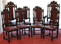 Antique Set of Eight Hand- Carved Lion Terminal Victorian Dining Chairs