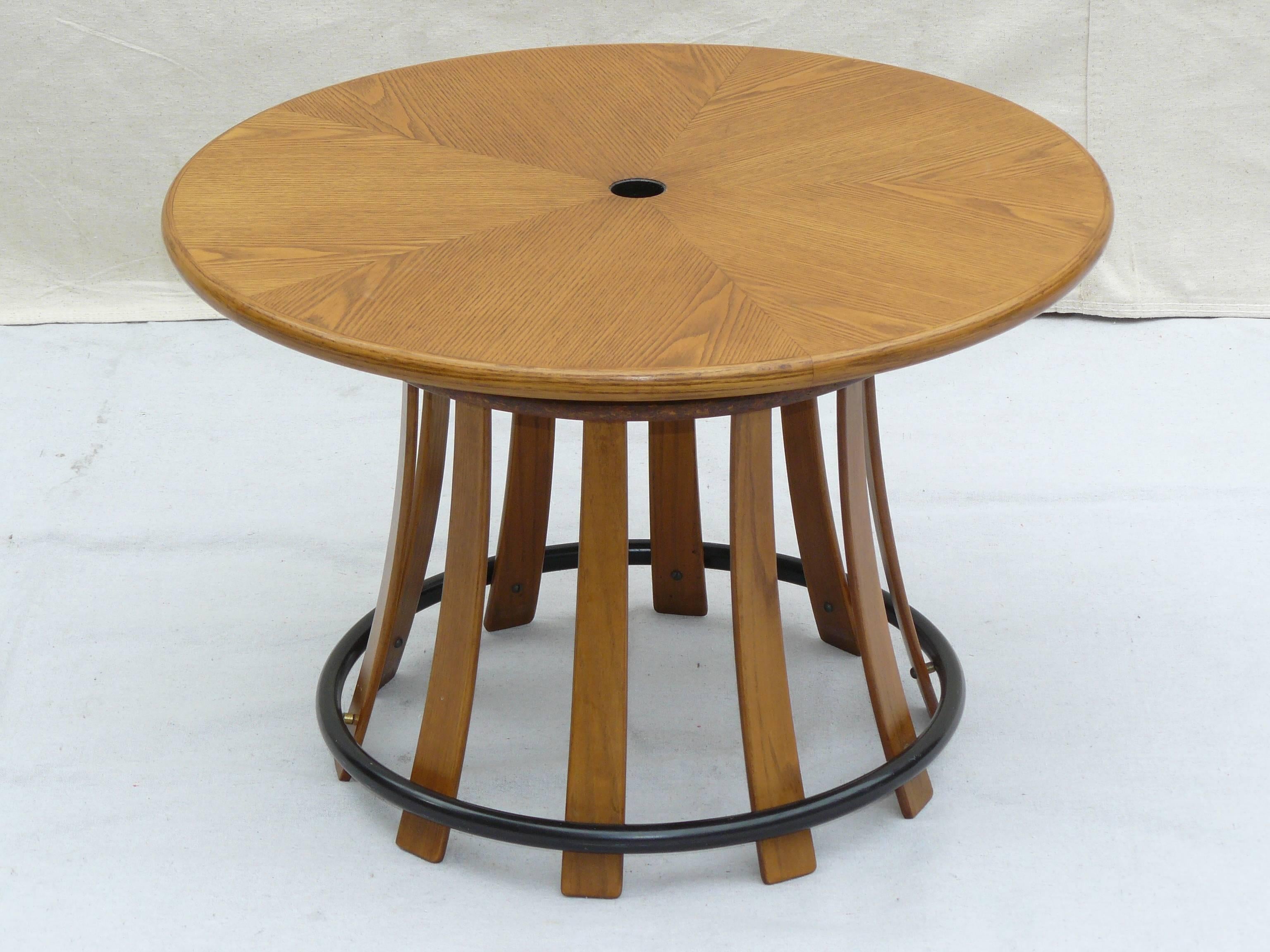 1960s Edward Wormley Dunbar Toadstool Table

Book matched Ash veneer top and bentwood Ash legs with espresso enameled metal ring and brass accent spacers. Big 