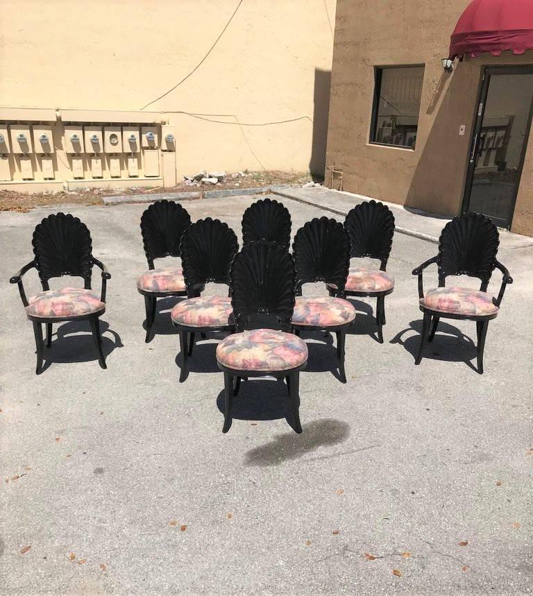 Beautiful Set of Eight Italian Ebonized Venetian Grotto Shell Back Dining Chairs 14