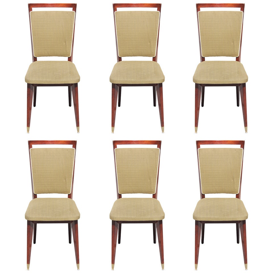 Beautiful Set of Six French Art Deco Solid Walnut Dining Chairs, circa 1940s