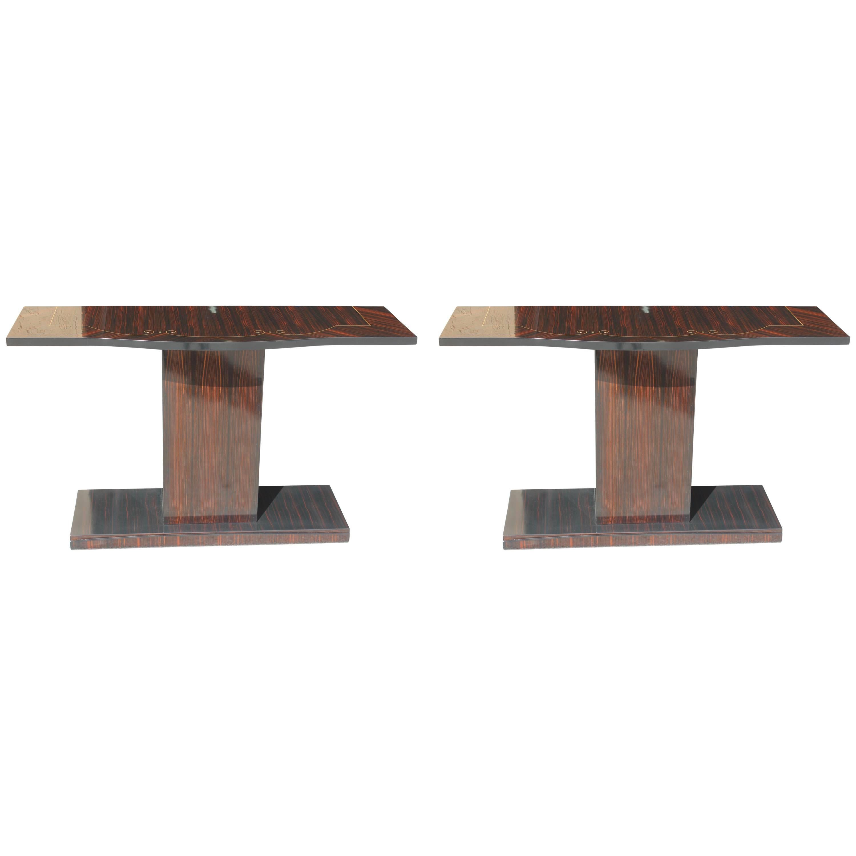 Beautiful Pair of French Art Deco Exotic Macassar Ebony Console Tables