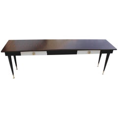 Long French Art Deco Macassar Ebony, Parchment Drawer Console Table, circa 1940s