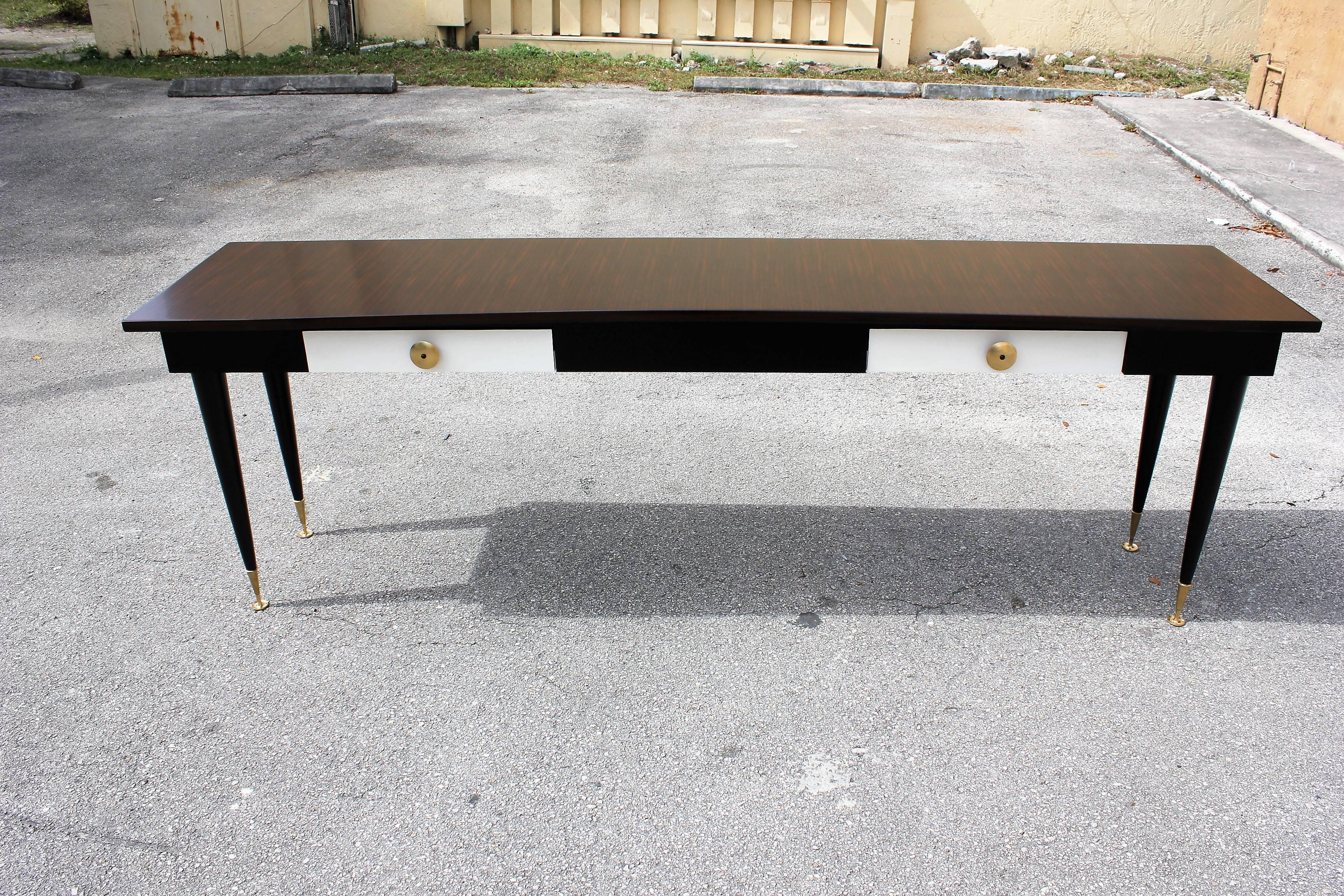 Bronze Long French Art Deco Macassar Ebony, Parchment Drawer Console Table, circa 1940s