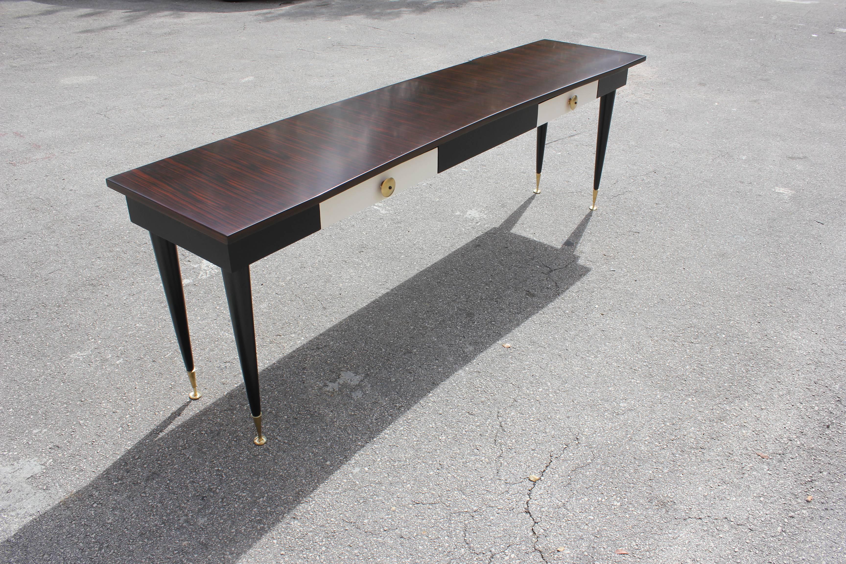 Long French Art Deco Macassar Ebony, Parchment Drawer Console Table, circa 1940s 1
