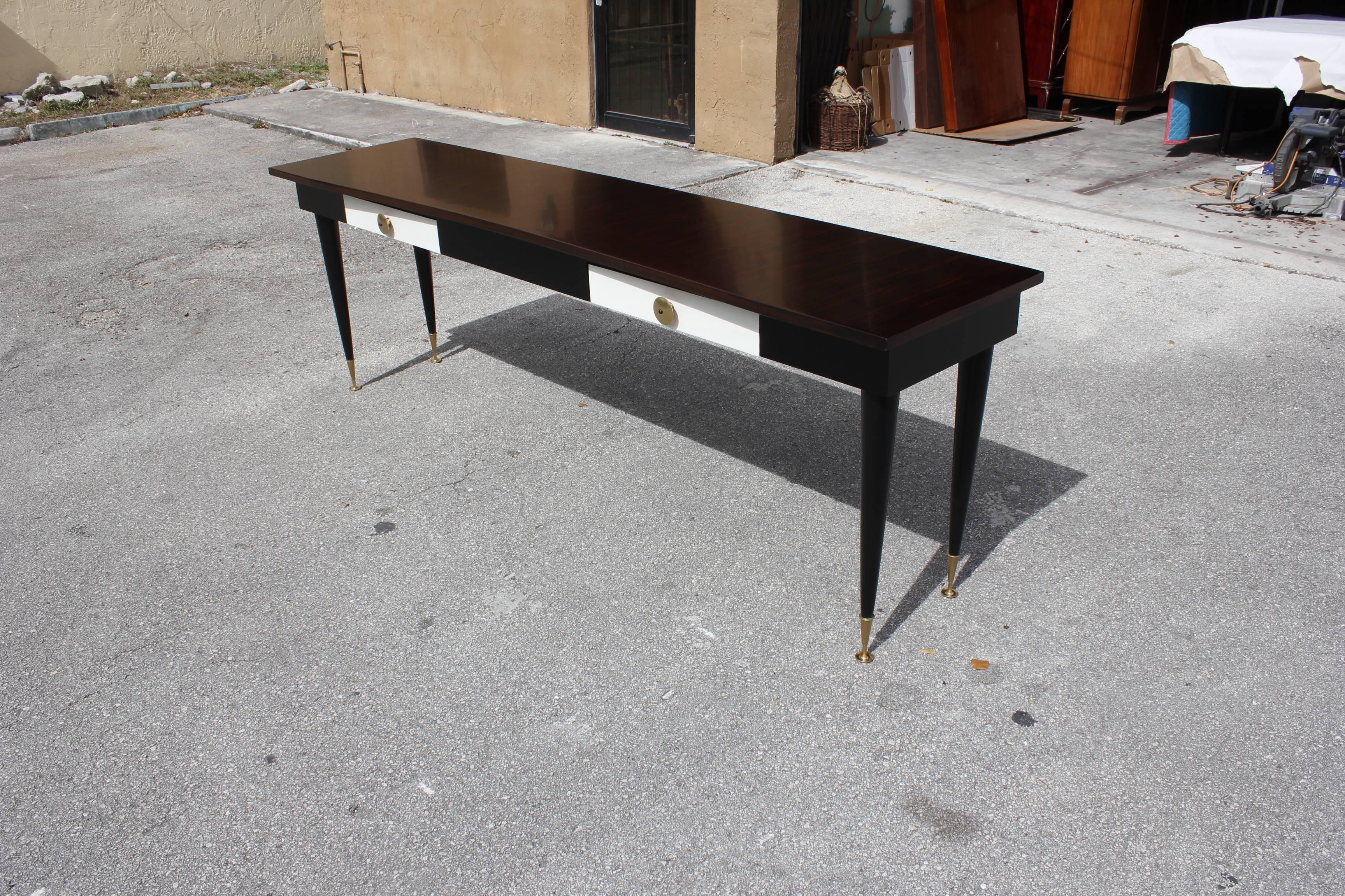 Long French Art Deco Macassar Ebony, Parchment Drawer Console Table, circa 1940s 3