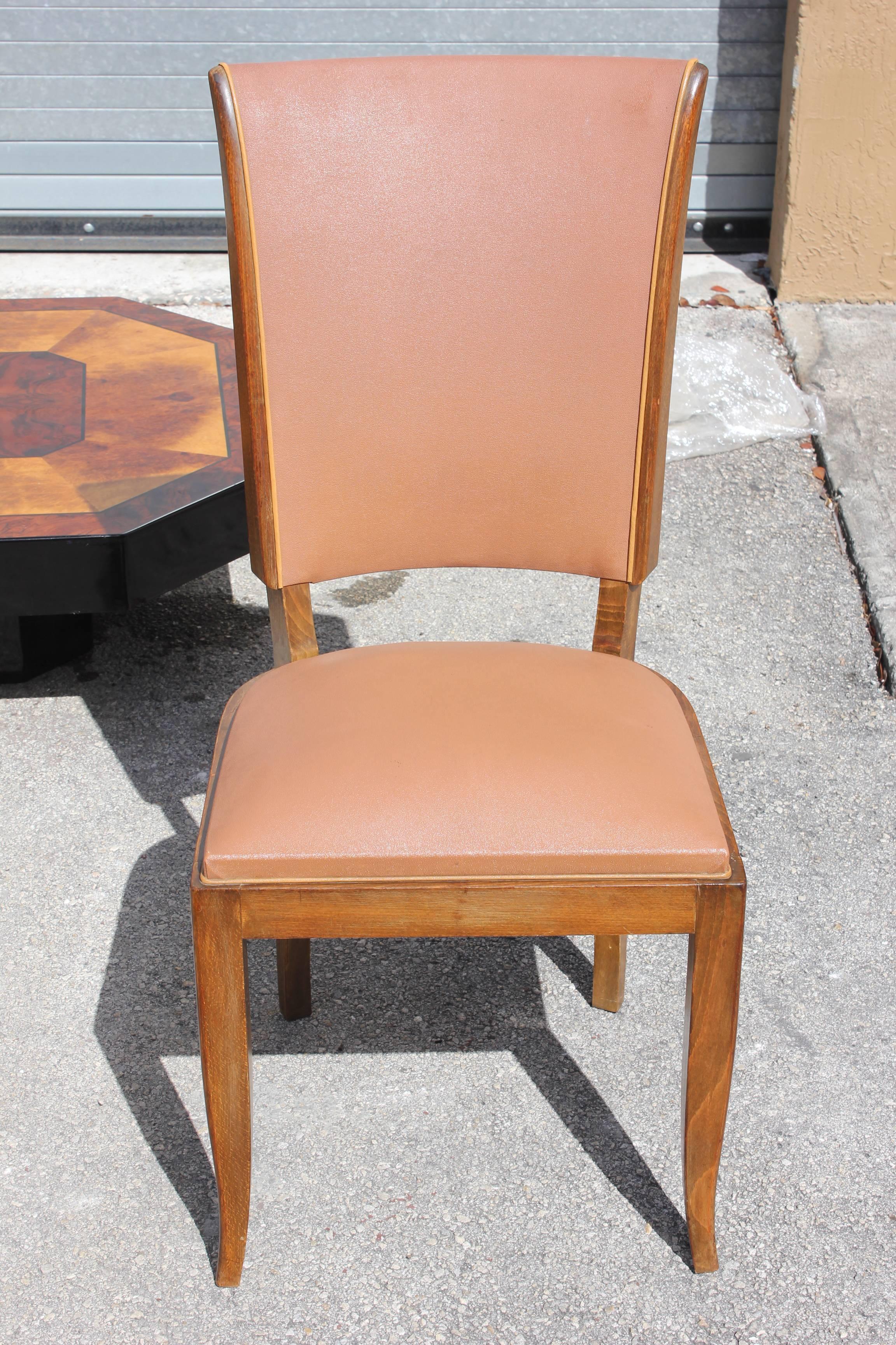 Suite of six French Art Deco Classic mahogany dining chairs, circa 1940s (Re-upholstery need to be changed recommended).