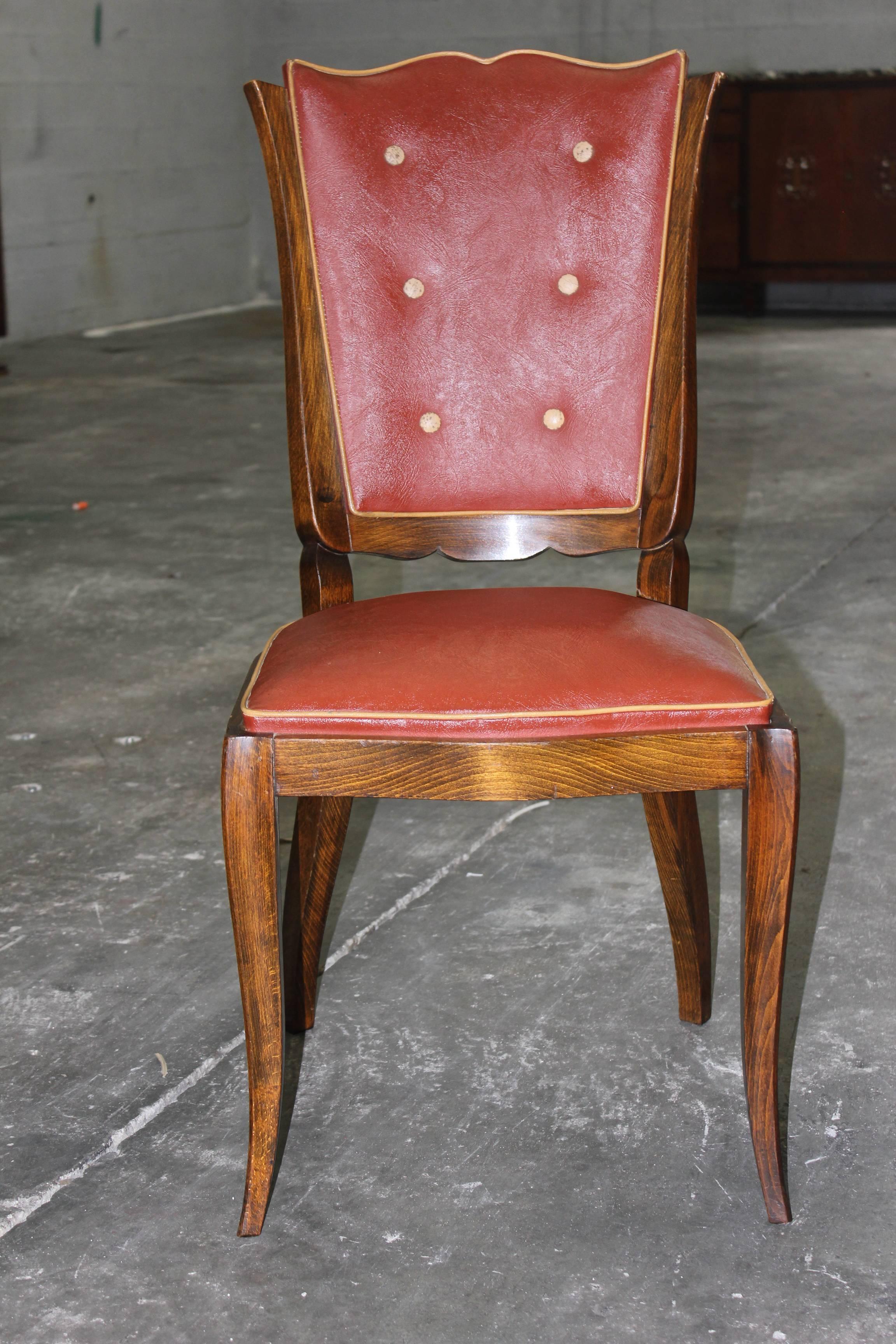 Suite of six French Art Deco mahogany dining chairs by Rafael, circa 1940s. (Reupholstery Need to be changed recommended.)