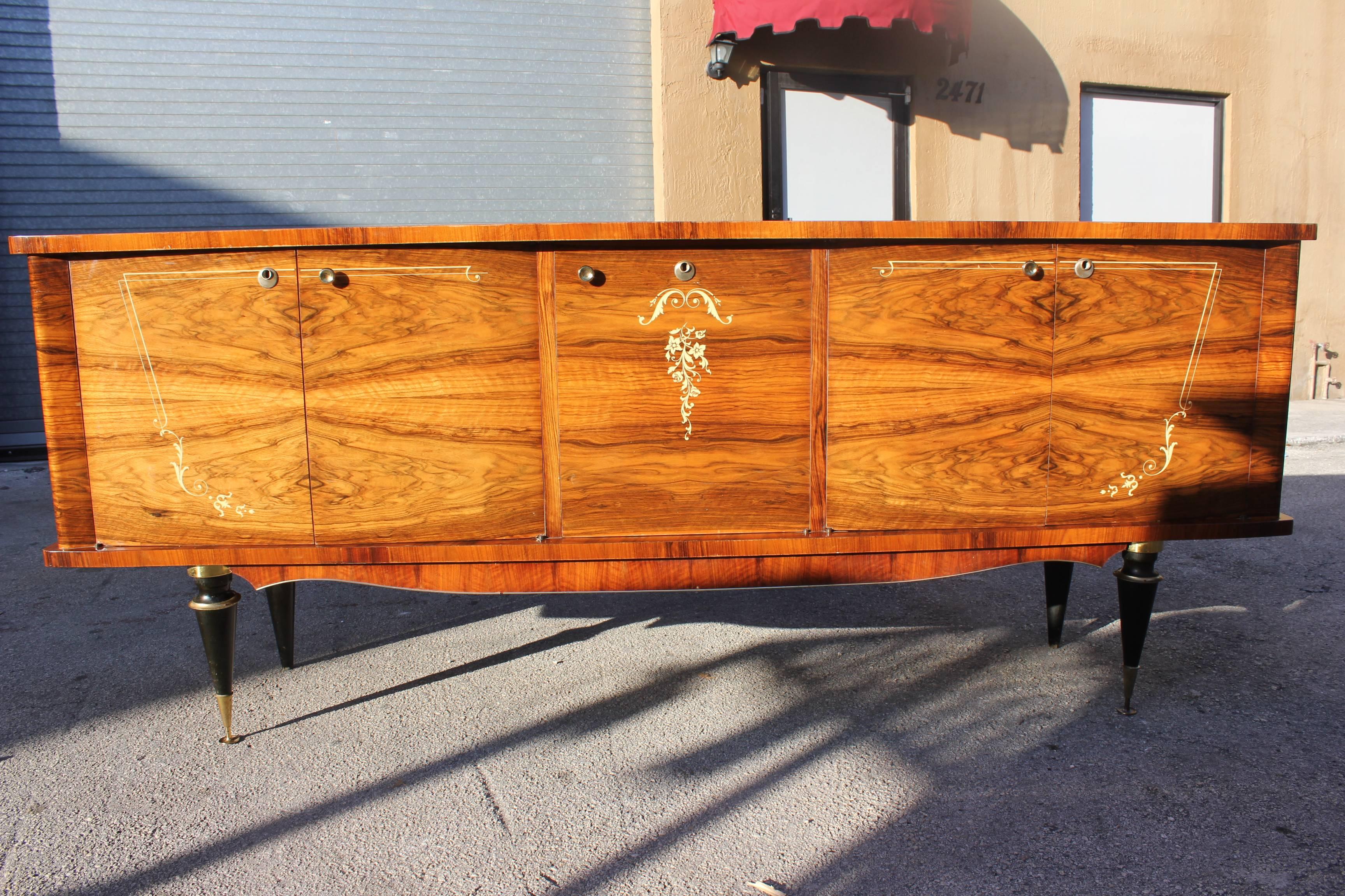 A French Art Deco exotic walnut buffet, circa 1940s. Interior finished.