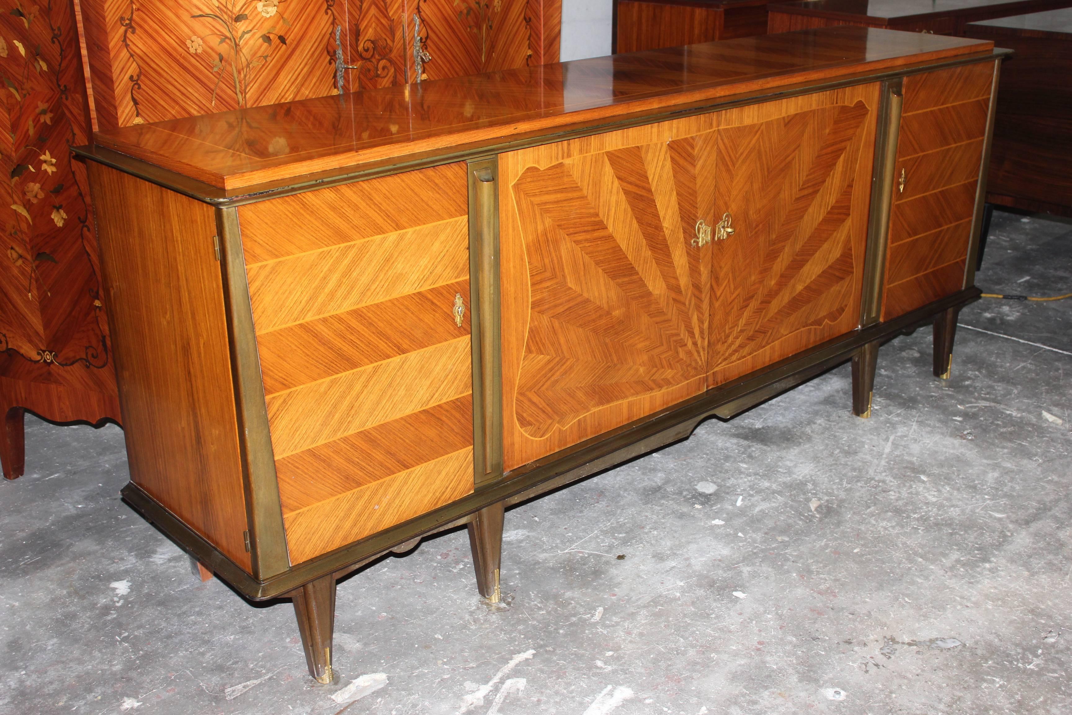 A French Art Deco Sideboard / Buffet Palisander Sunray Motif, circa 1940's. Finished interior.