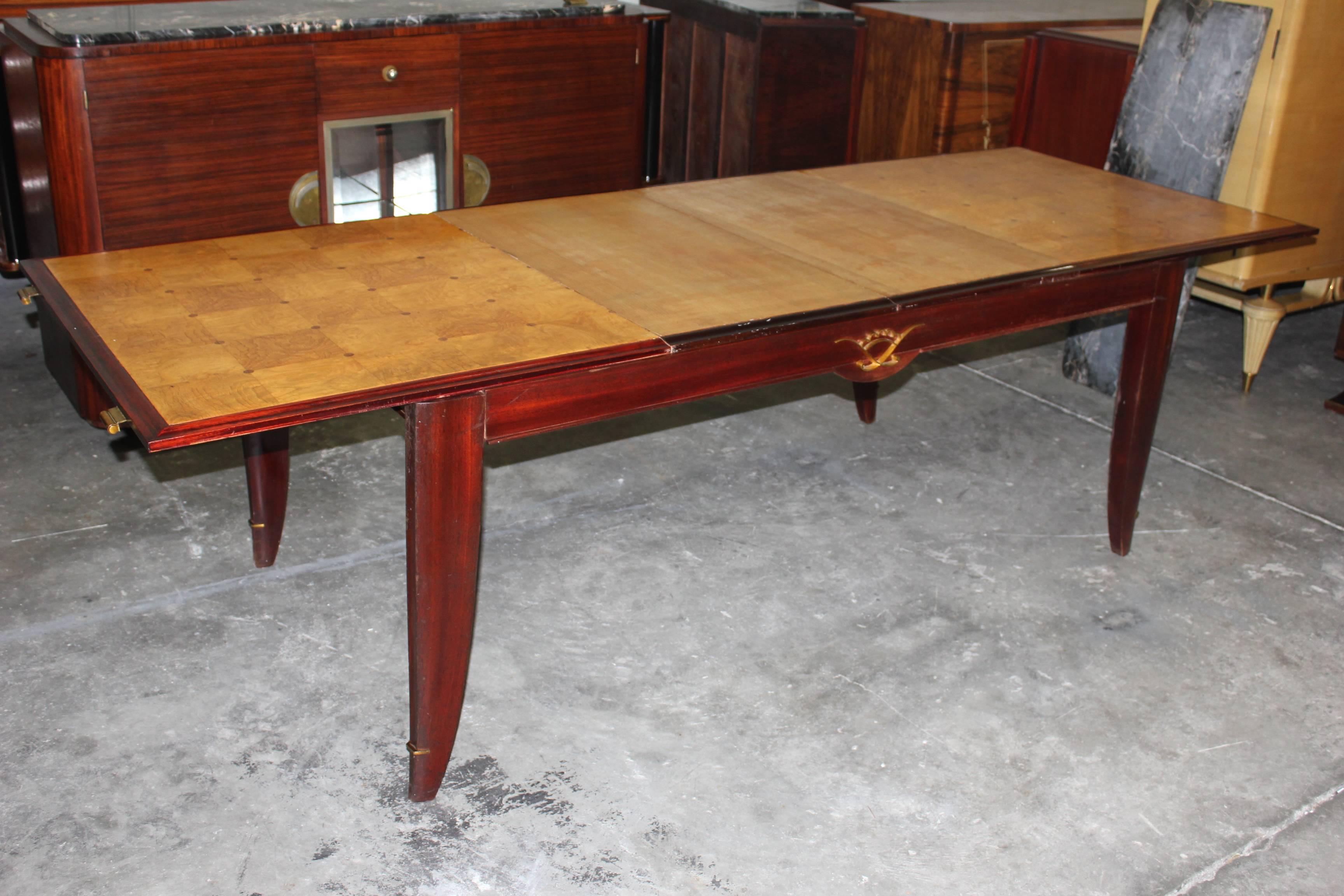 French Art Deco Sycamore with Mahogany Dining Table, circa 1940s 6