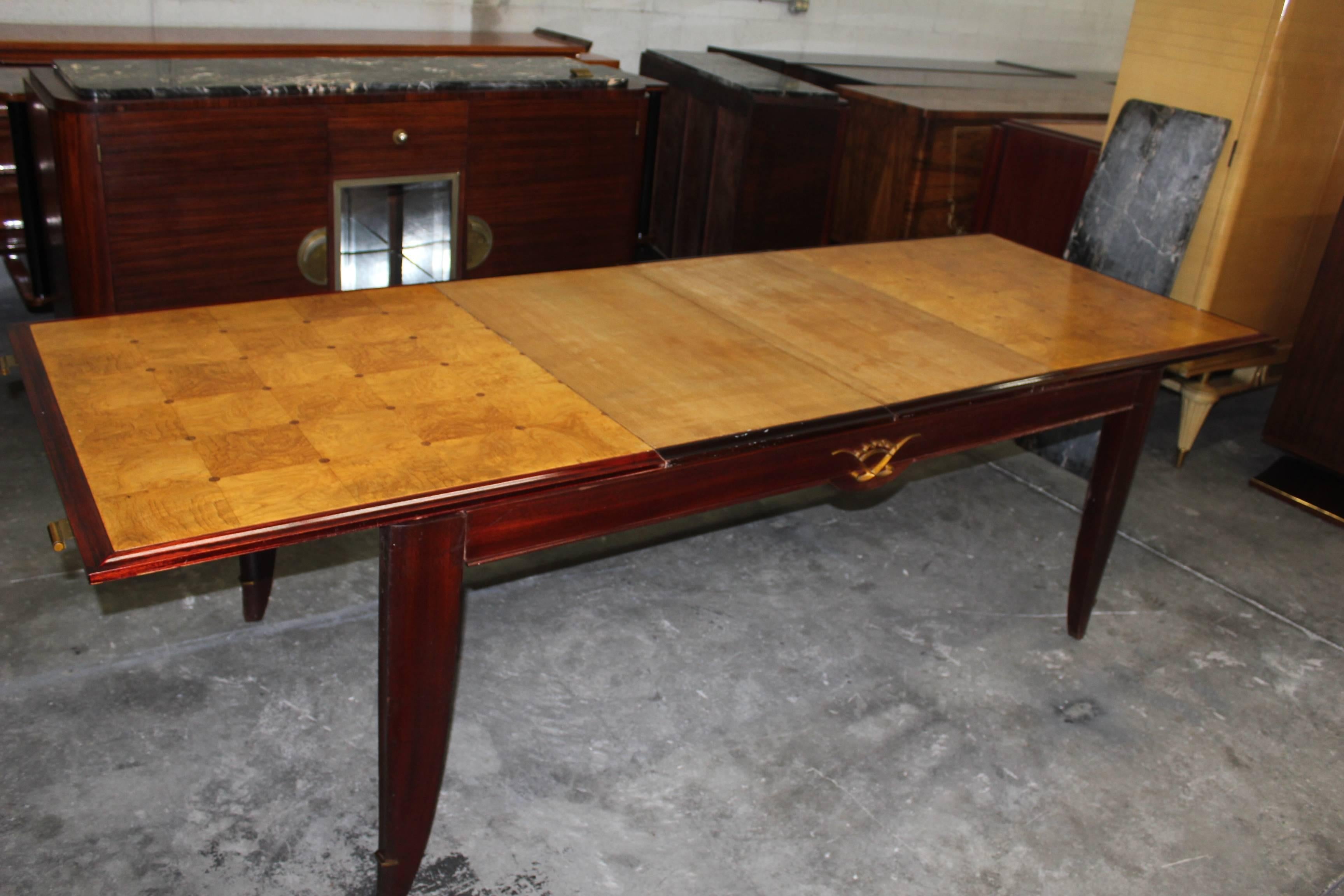 French Art Deco Sycamore with Mahogany Dining Table, circa 1940s 5