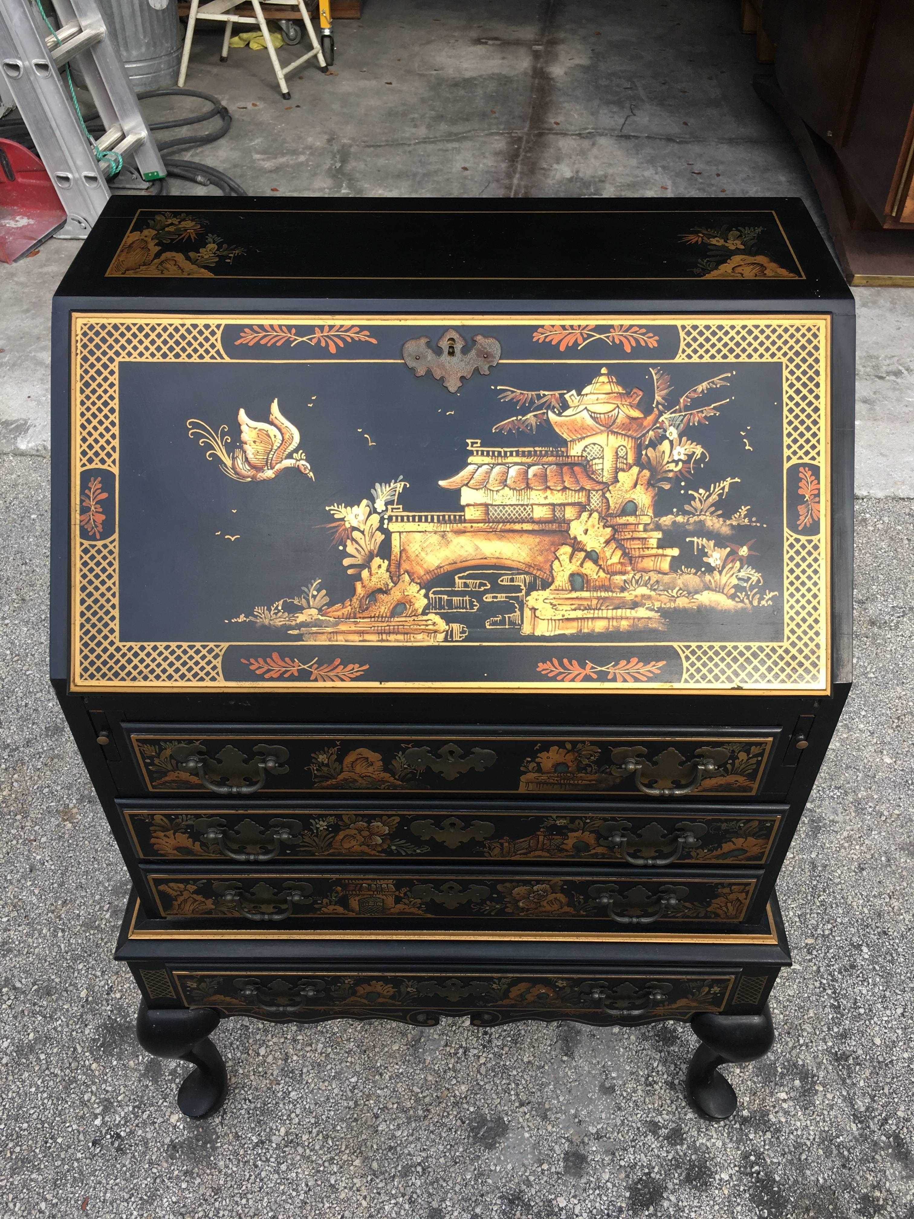A Mid-Century Modern Chinese style secretary, circa 1950s. Highly ornate, hand-painted details.