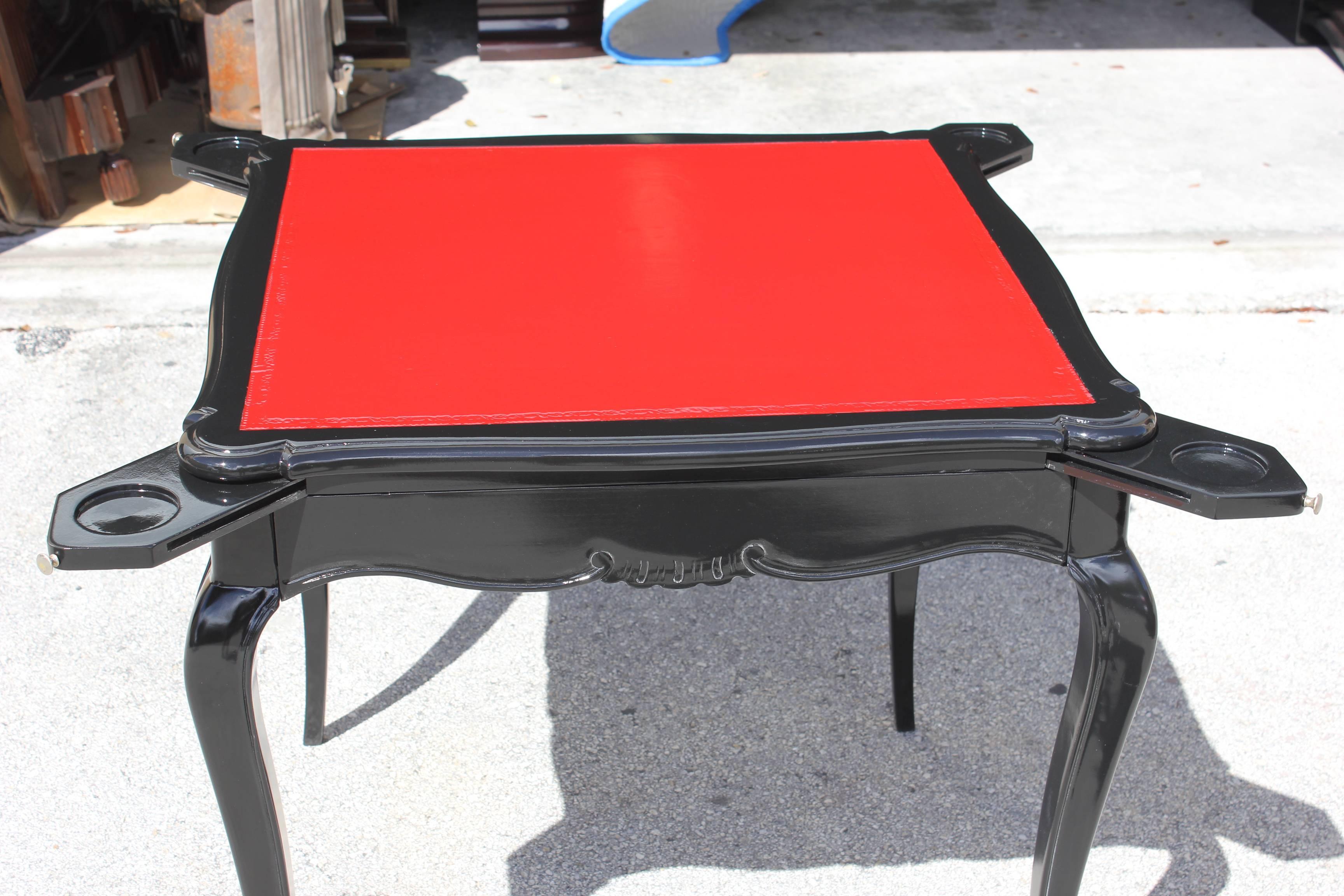 Stunning French Art Deco Black Lacquered,  Red Gaming Table Style Jules Leleu In Excellent Condition For Sale In Hialeah, FL