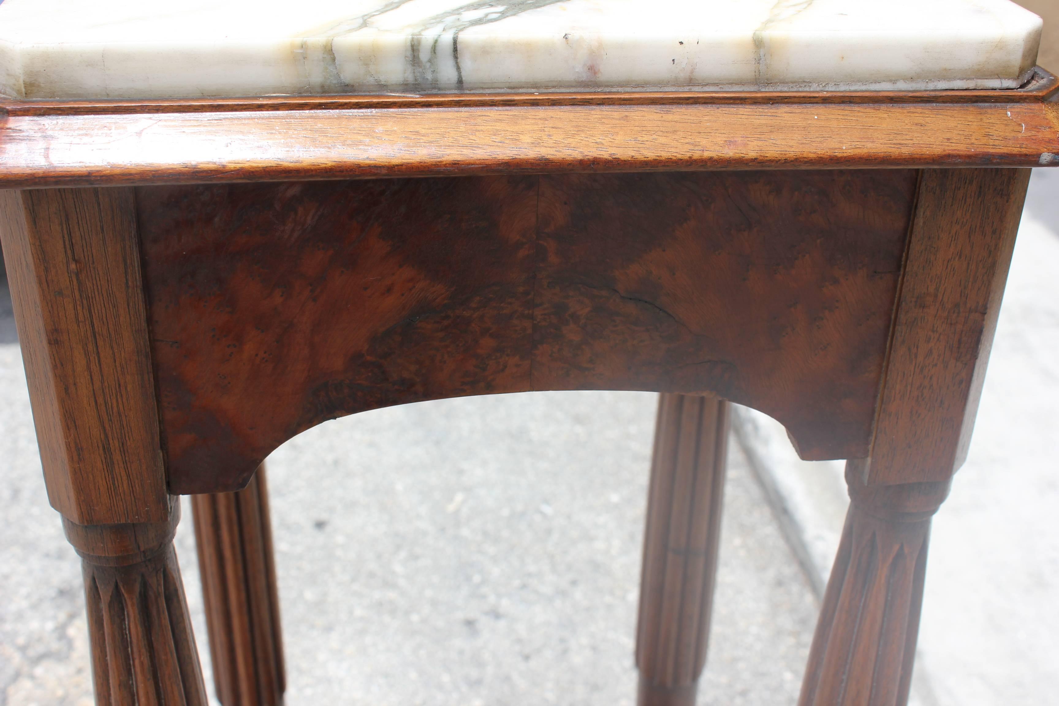 French Art Deco Tall Oak with Burl Wood Marble Topped Pedestal/ Plant Stand In Excellent Condition In Hialeah, FL