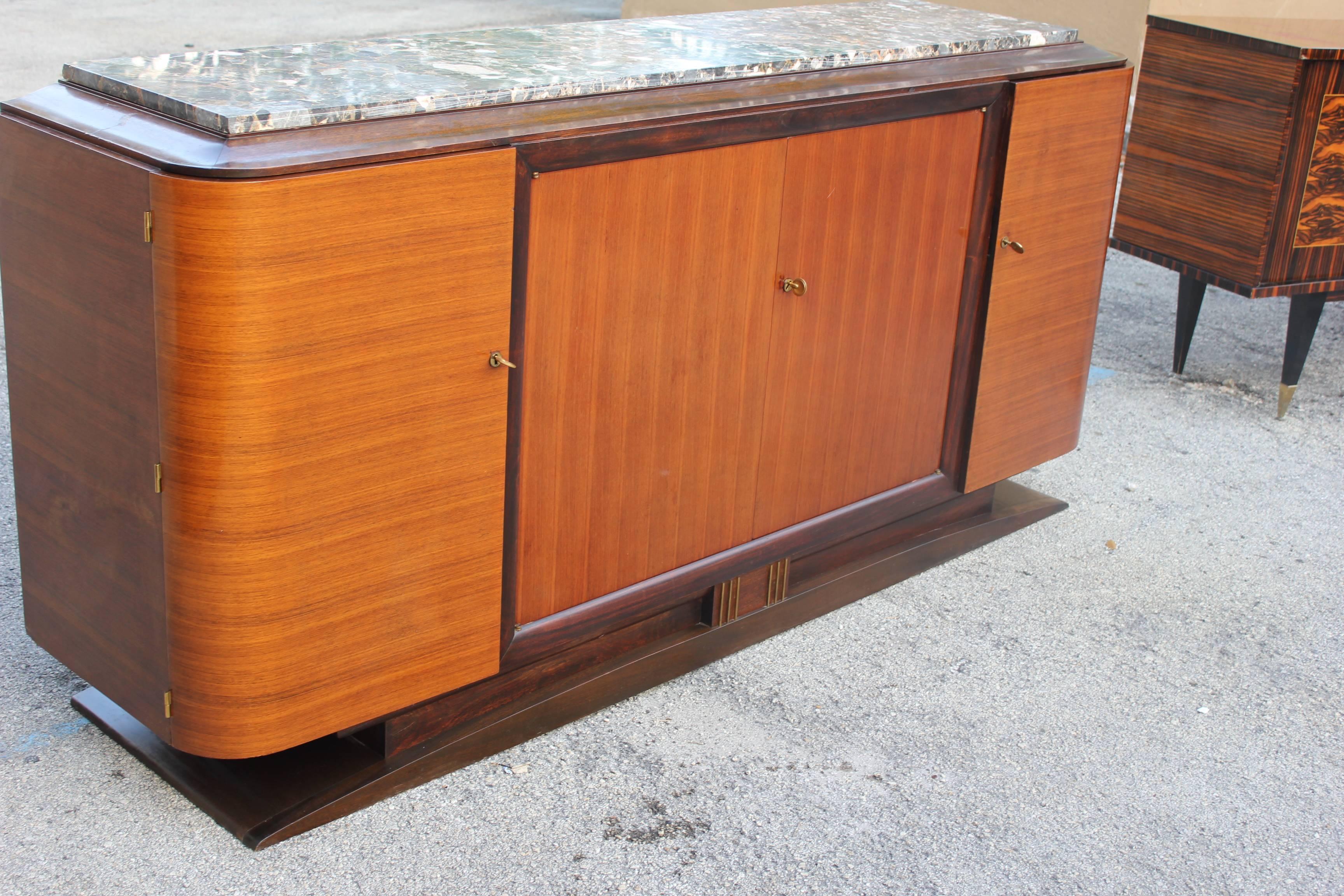 Grand French Art Deco Exotic Macassar Sideboard with Marble Top, circa 1940s. In Excellent Condition In Hialeah, FL