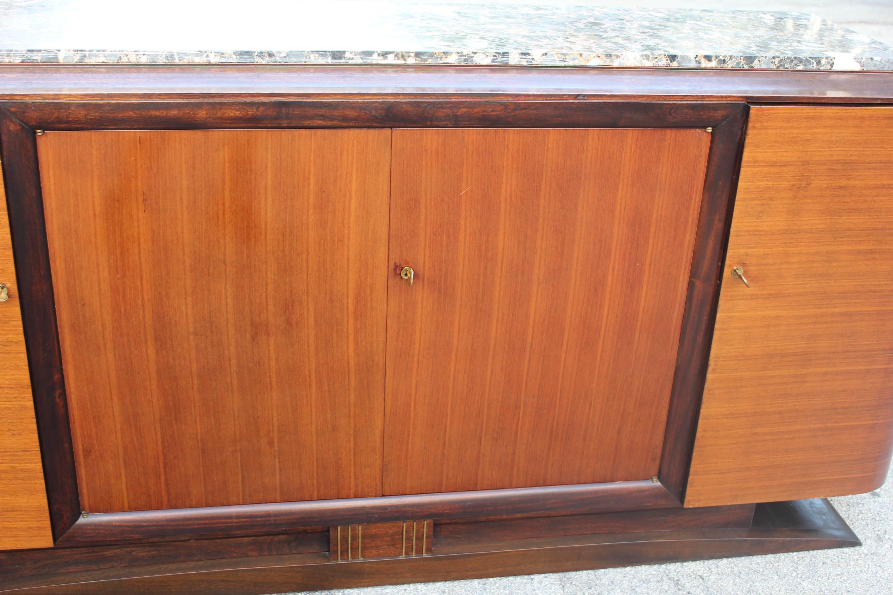 Mid-20th Century Grand French Art Deco Exotic Macassar Sideboard with Marble Top, circa 1940s.