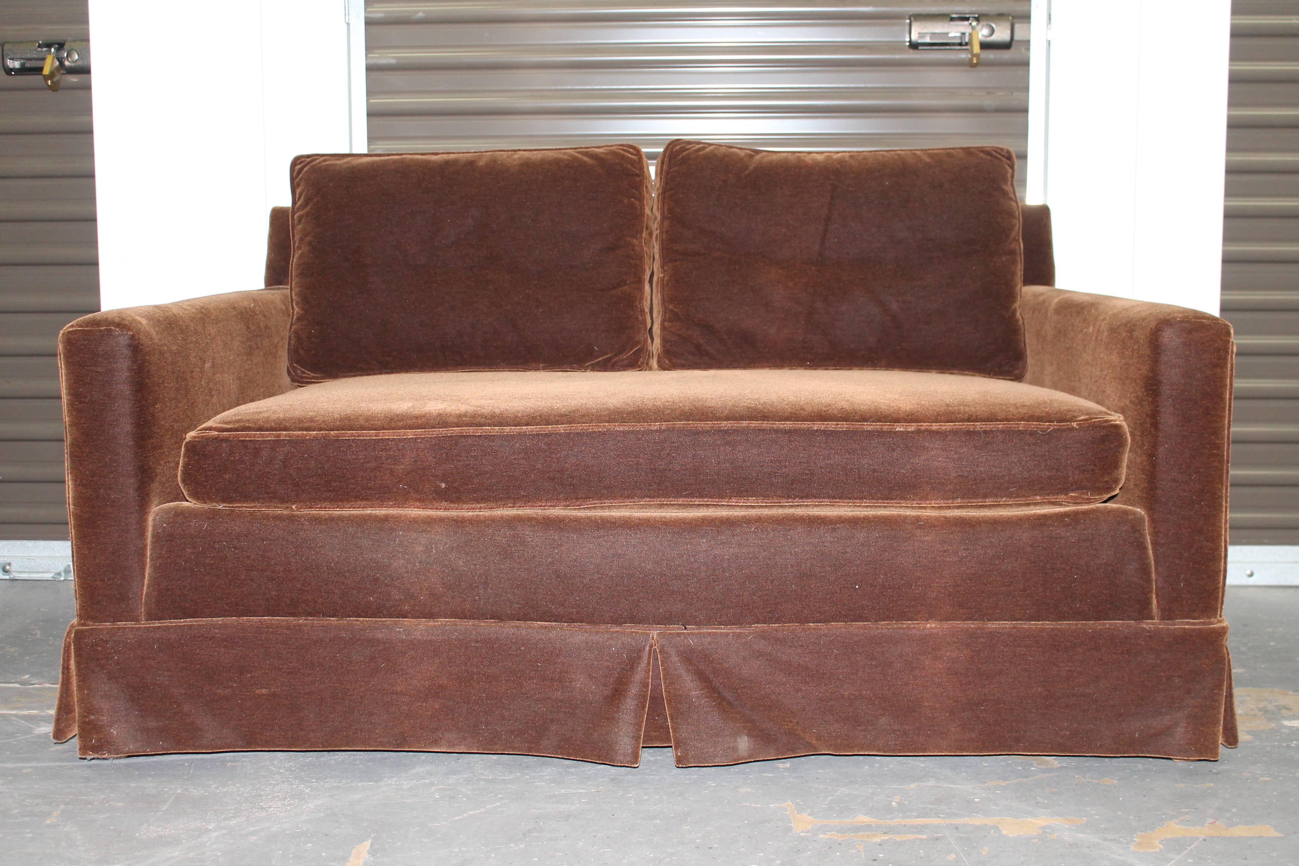A very grand Mid-Century Modern loveseat. Newly reupholstered in chocolate mohair, circa 1970s. Very well built and custom-made. This sofa would be very, very expensive in a design showroom. Seat depth 22