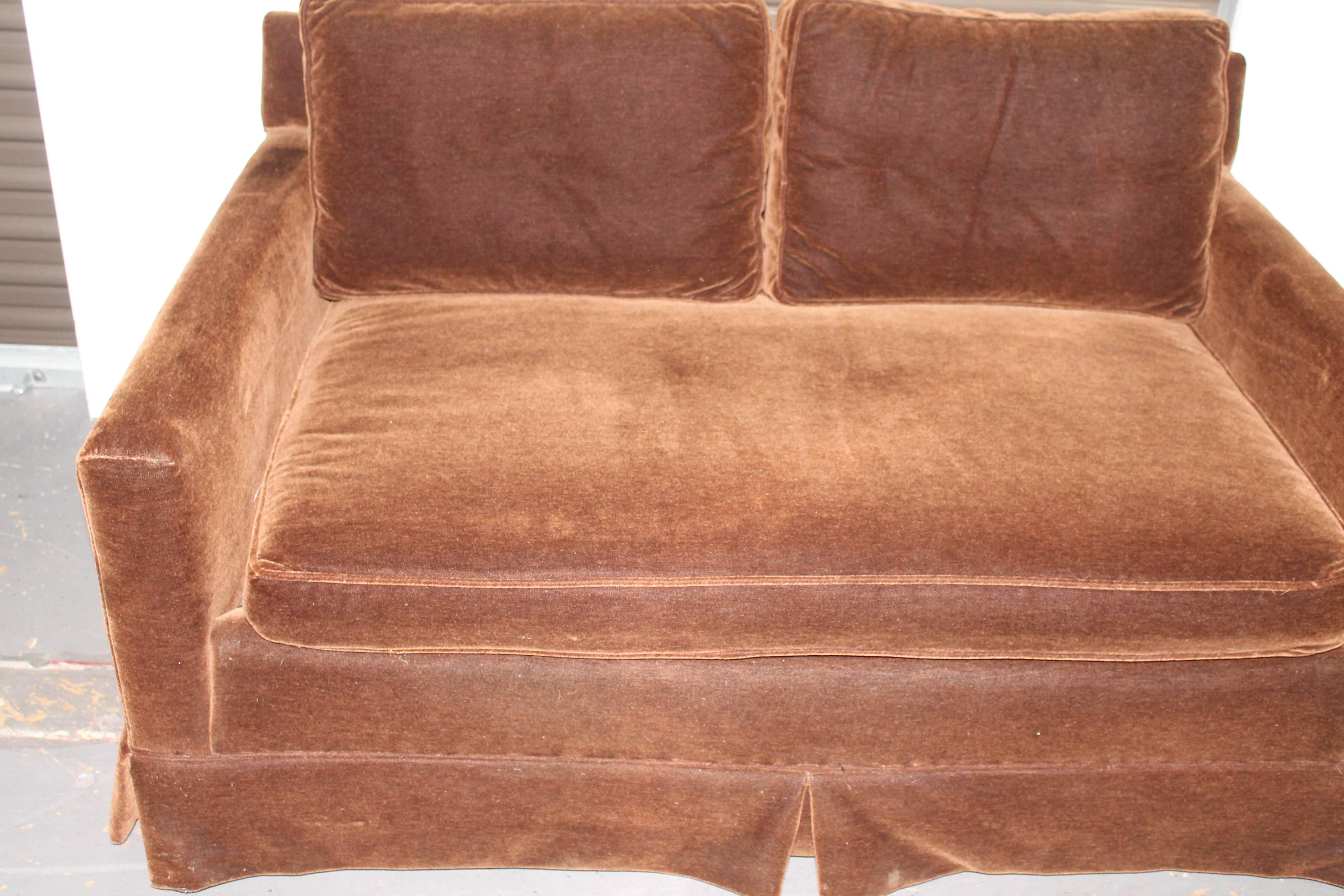 American Mid-Century Modern Loveseat, Reupholstered in Chocolate Mohair, Goose Down