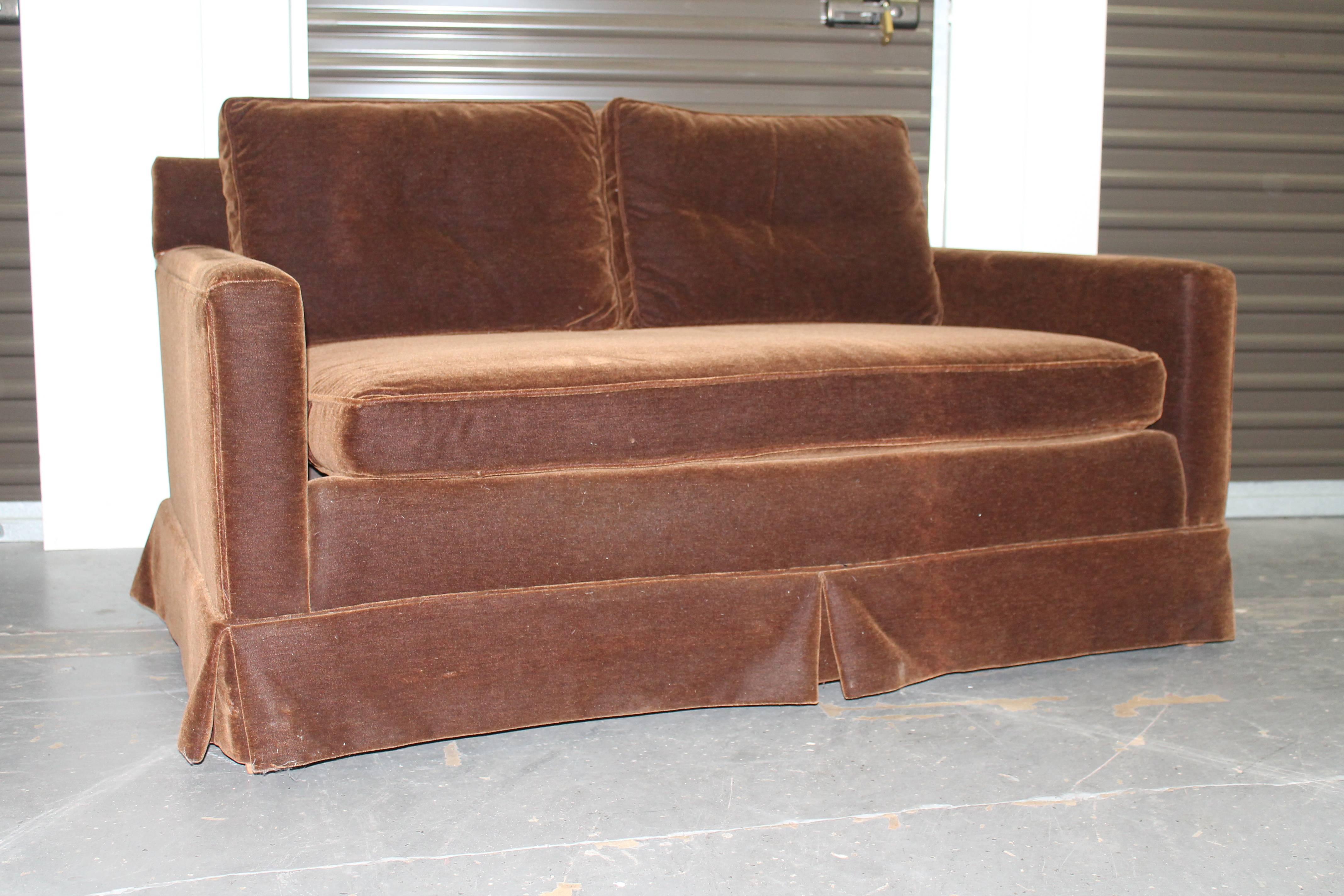 Mid-Century Modern Loveseat, Reupholstered in Chocolate Mohair, Goose Down In Excellent Condition In Hialeah, FL