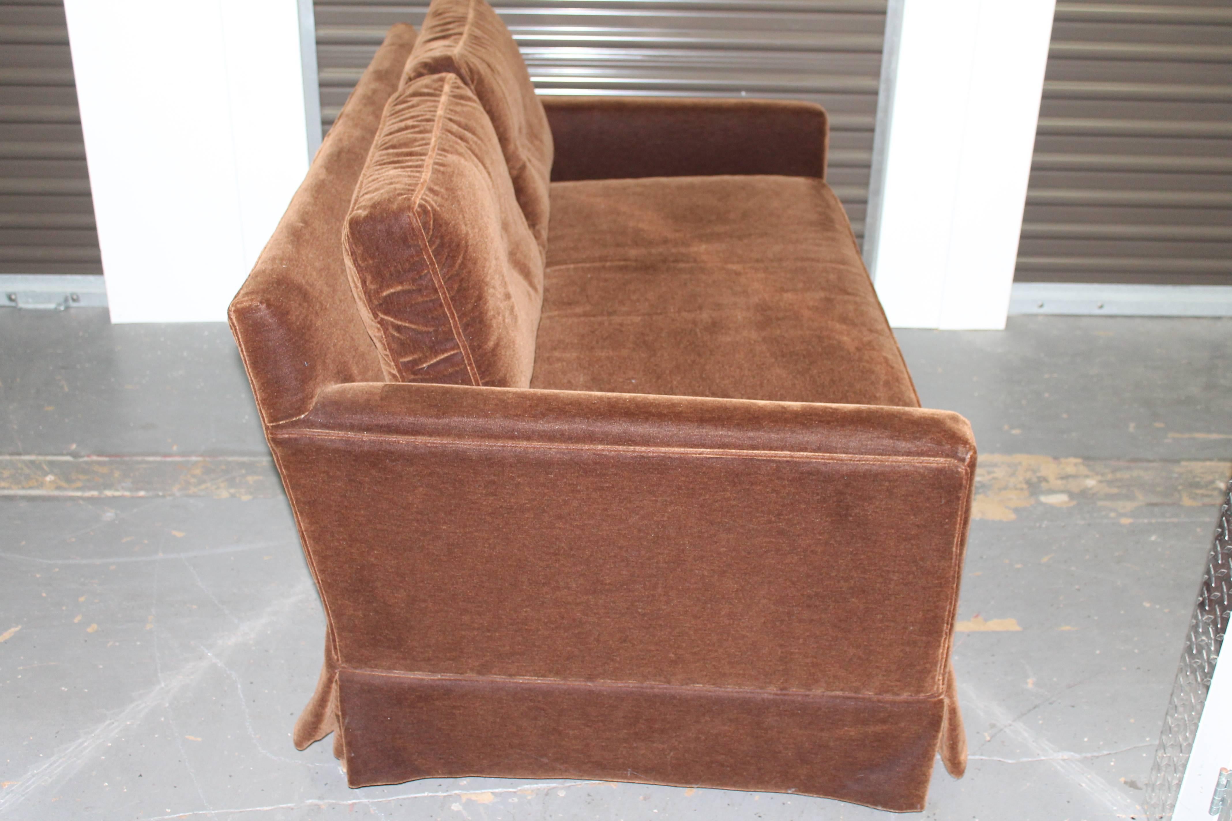 Late 20th Century Mid-Century Modern Loveseat, Reupholstered in Chocolate Mohair, Goose Down