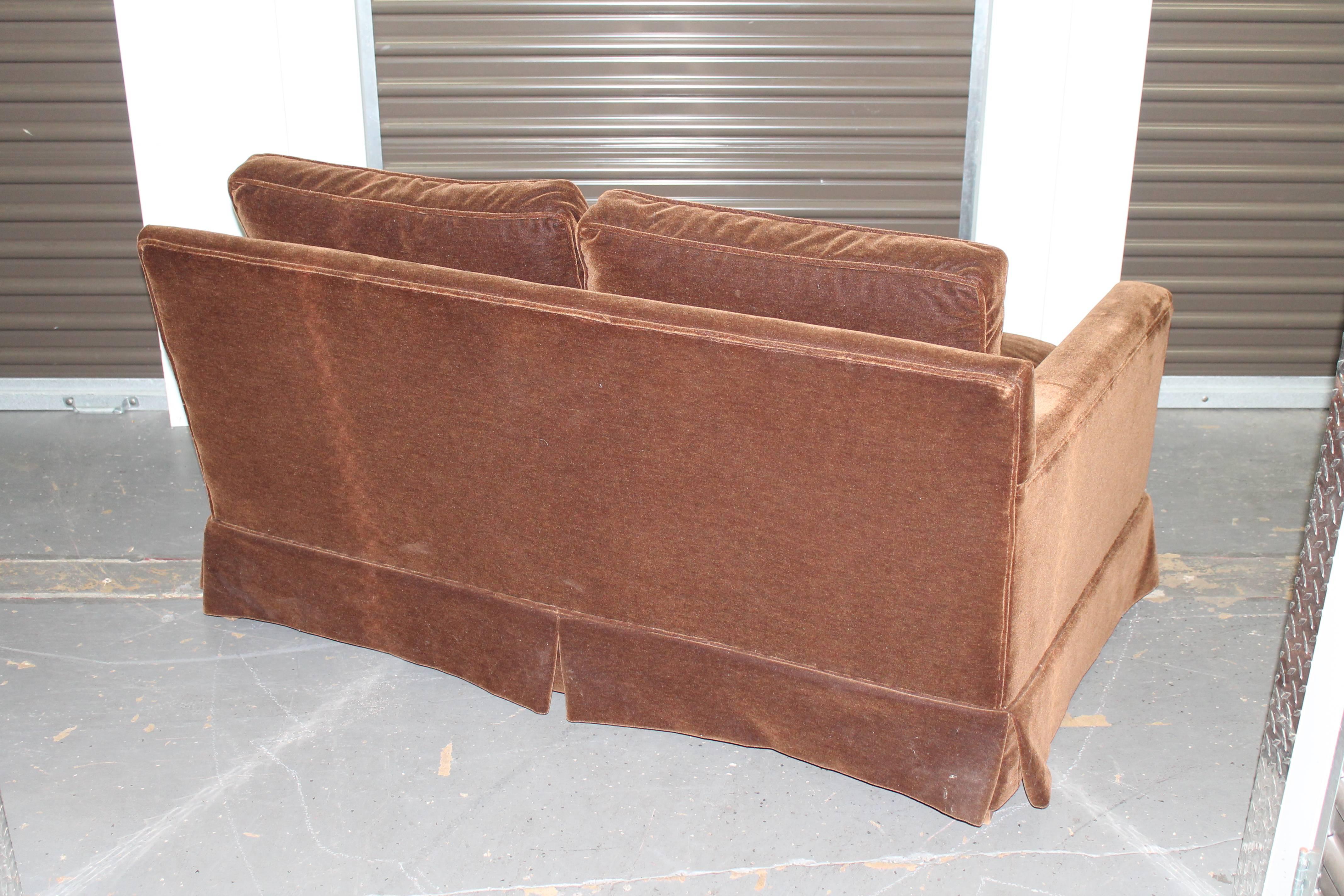Mid-Century Modern Loveseat, Reupholstered in Chocolate Mohair, Goose Down 1