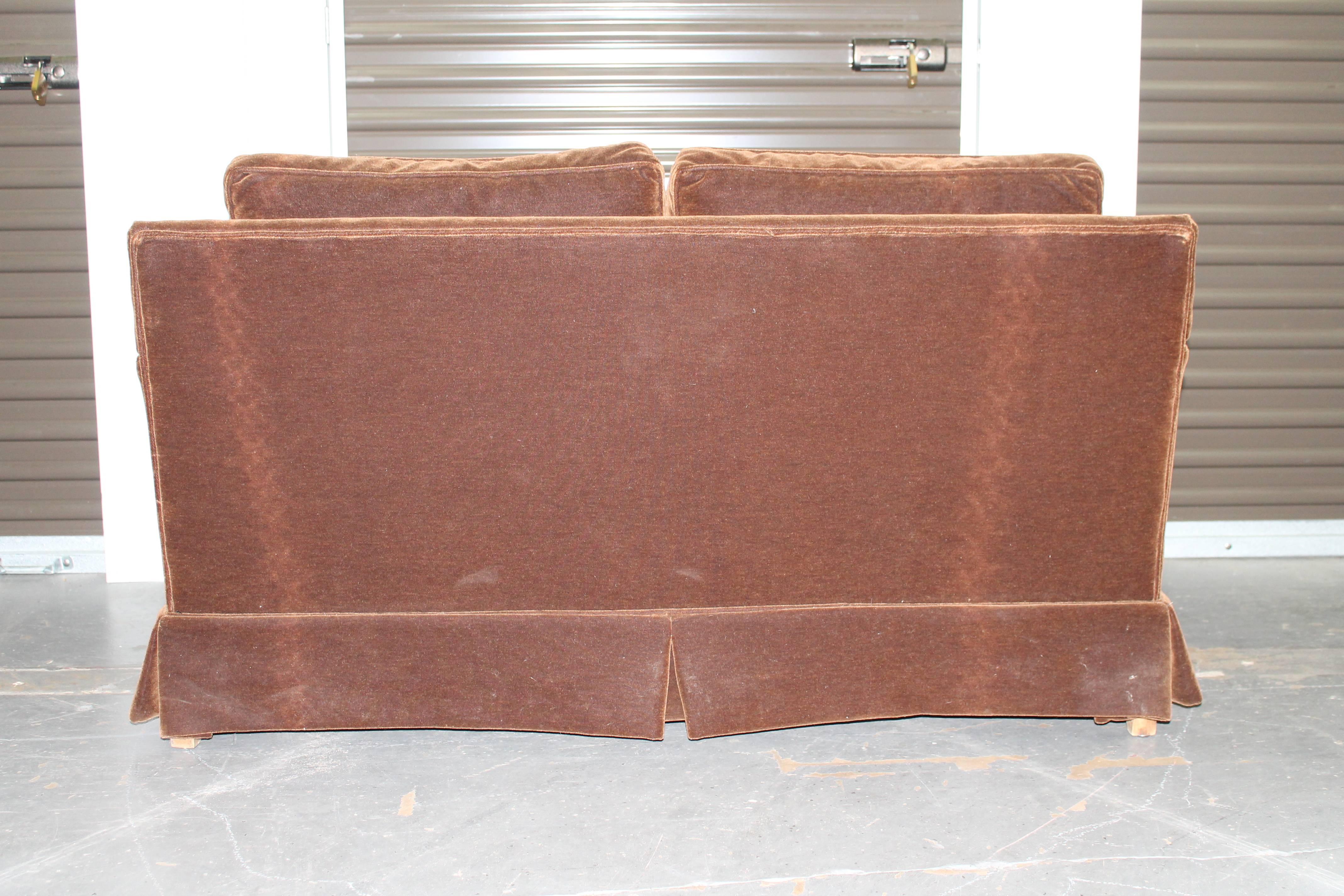 Mid-Century Modern Loveseat, Reupholstered in Chocolate Mohair, Goose Down 2