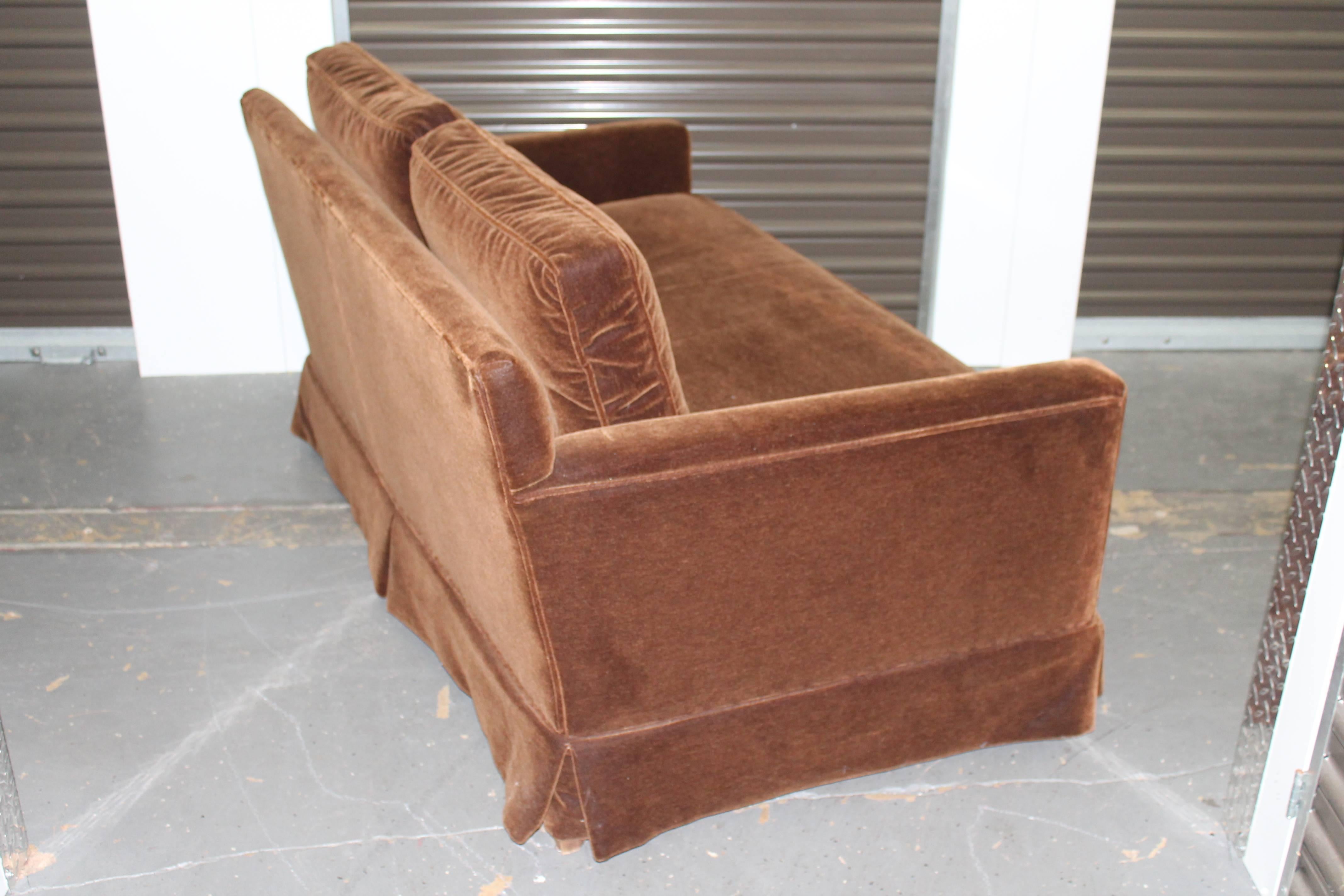 Mid-Century Modern Loveseat, Reupholstered in Chocolate Mohair, Goose Down 4