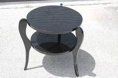 French Art Deco Tri-Leg Black Lacquer Two-Tier Accent Table, circa 1940s