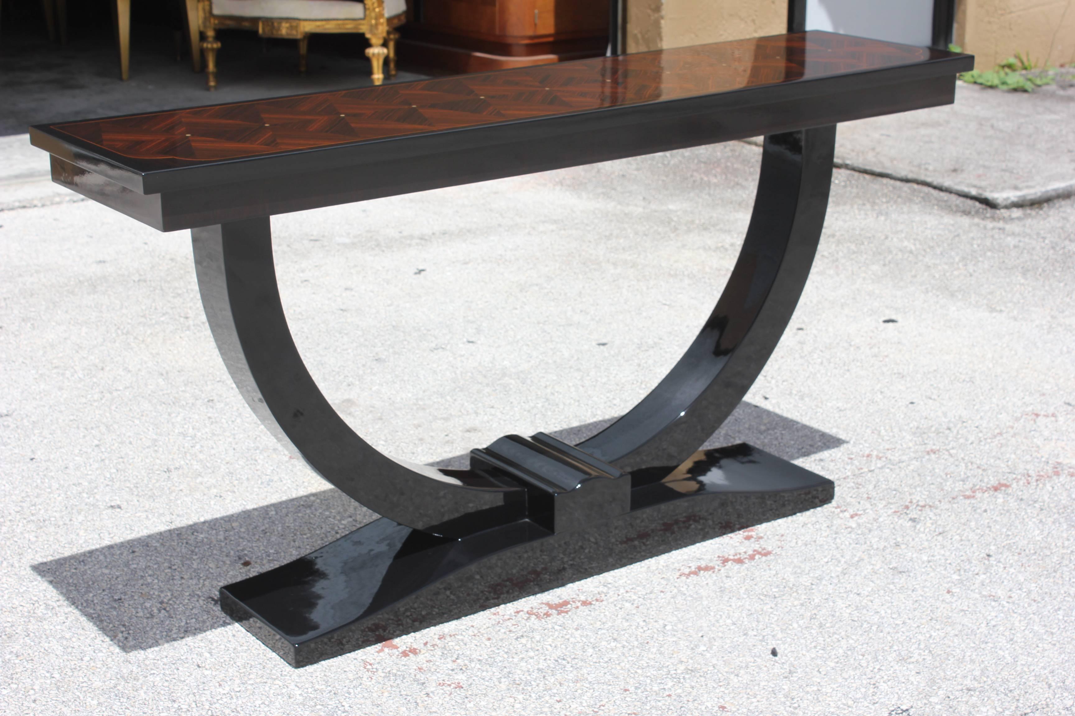 French Art Deco Exotic Macassar Ebony, M-O-P Detail Console Table, circa 1940s In Excellent Condition In Hialeah, FL