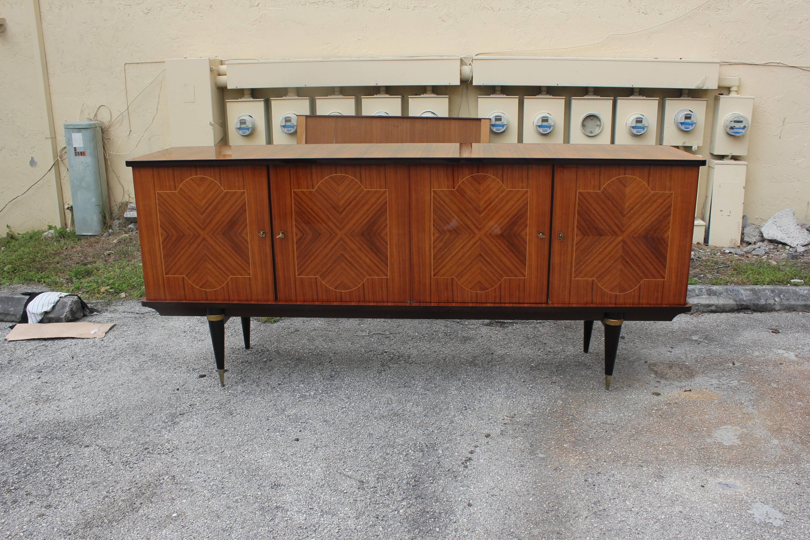 Brass French Art Deco Sideboard Light Macassar Ebony Marquetry Design, circa 1940s