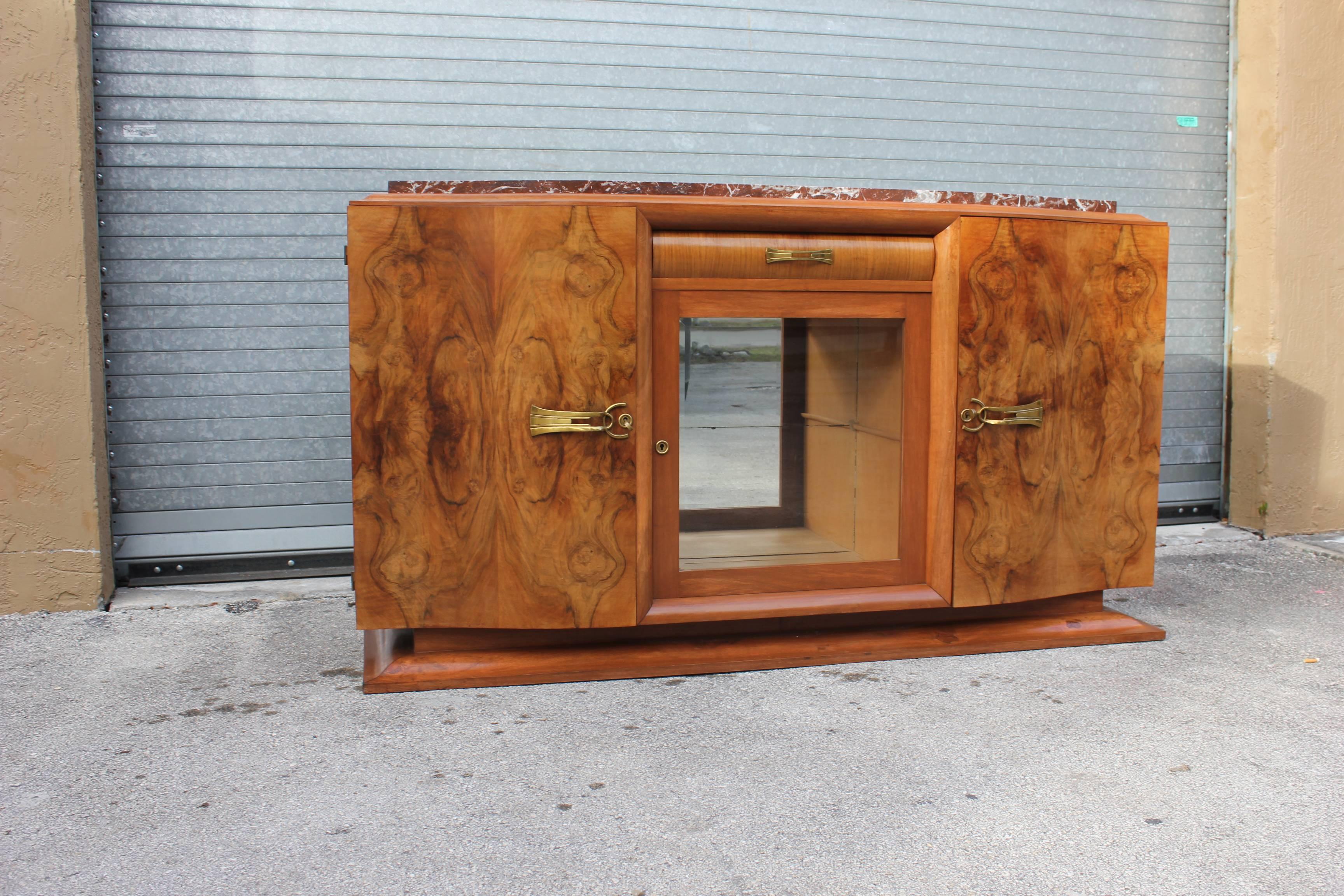 Glass  French Art Deco Sideboard or Buffet Exotic Walnut with Marble Top, circa 1930s